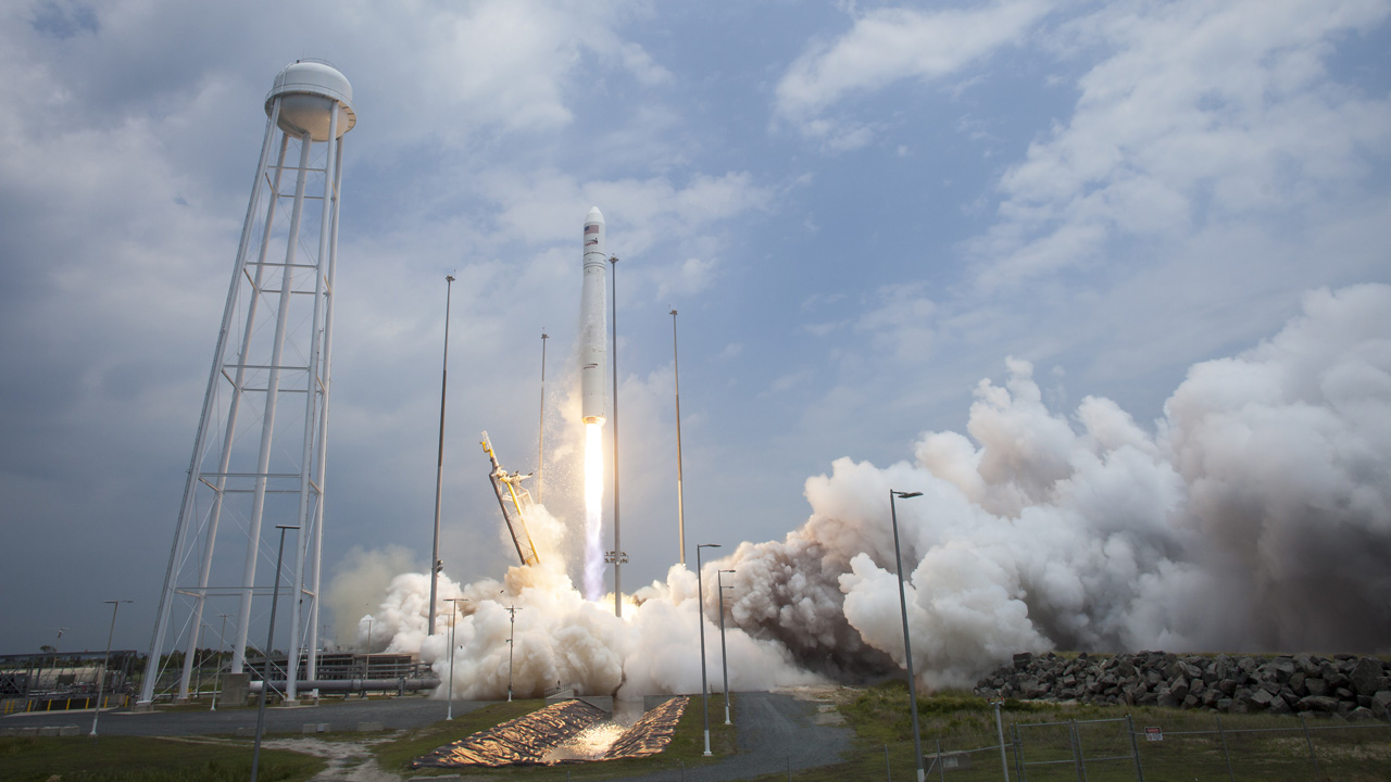 The Orbital Sciences Corporation Antares rocket, with the Cygnus spacecraft onboard, is pictured launching from Pad-0A on July 13, 2014, at NASA's Wallops Flight Facility, Wallops Island, Virginia.