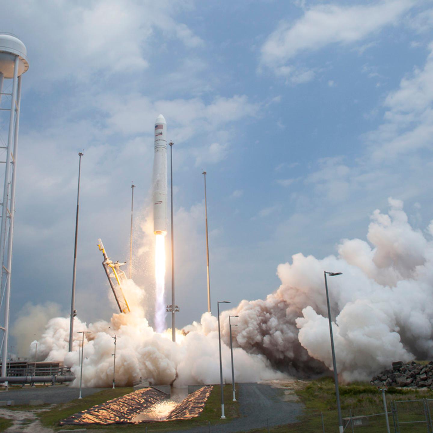 The Orbital Sciences Corporation Antares rocket, with the Cygnus spacecraft onboard, is pictured launching from Pad-0A on July 13, 2014, at NASA's Wallops Flight Facility, Wallops Island, Virginia.
