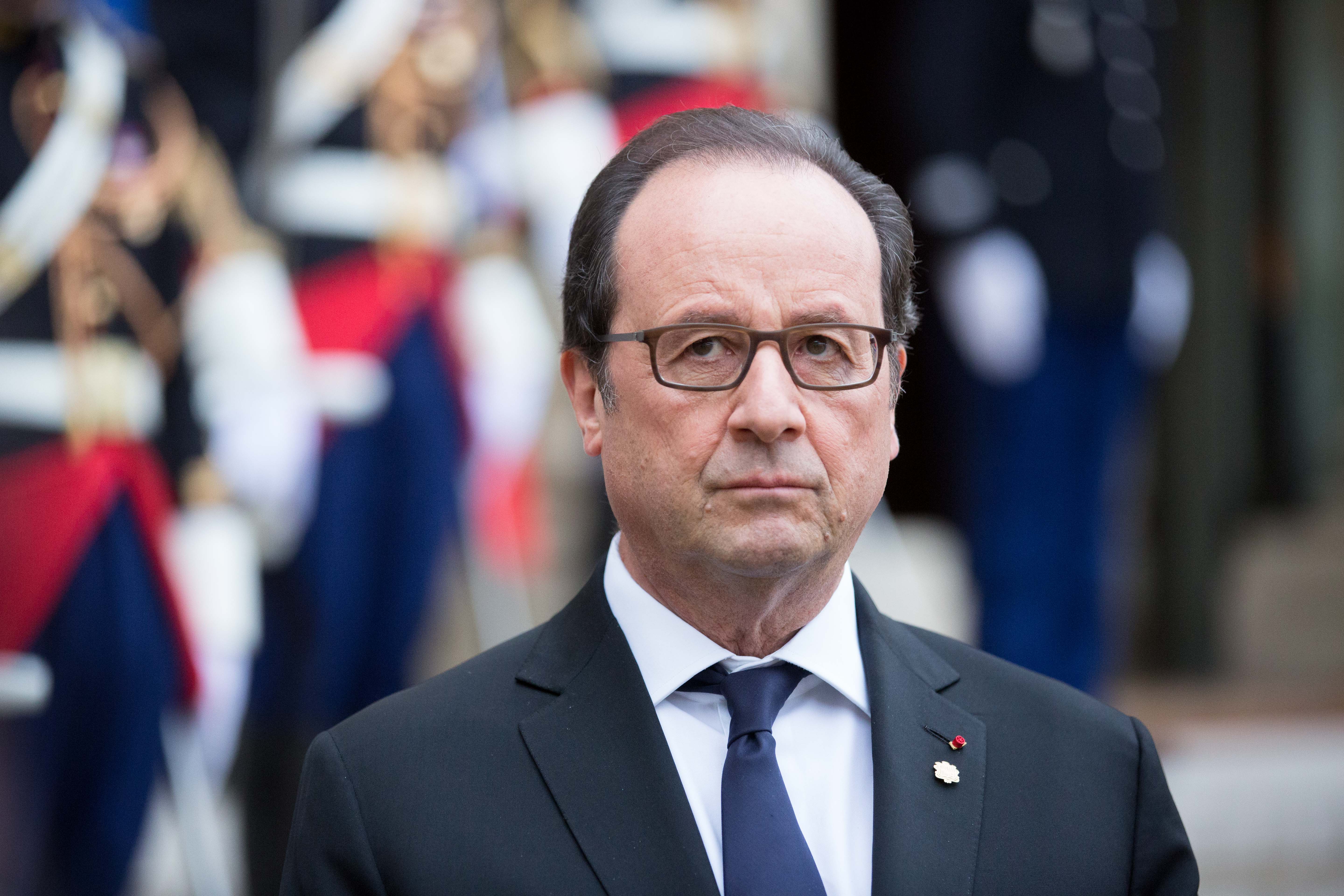 French President Francois Hollande receives the Head of Andorra Principality Government, Antoni Marti Petit and President of Parliament of the Principality of Andorra, Vicenc Mateu Zamora for a meeting and a statement to the media at the Elysee Palace on