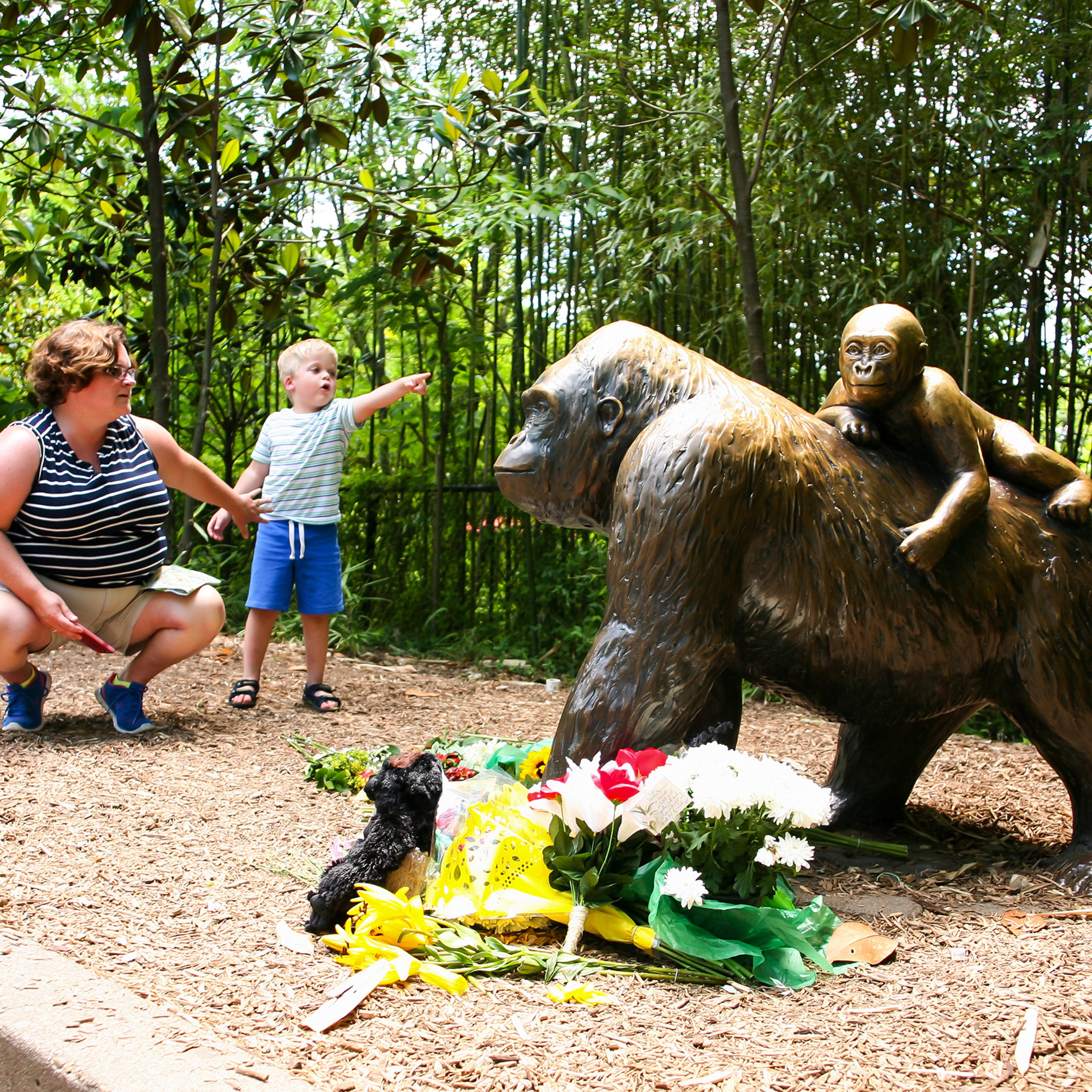 A mother and her child visit a bronze statue of a gorilla outside the Cincinnati Zoo's Gorilla World exhibit, two days after officials were forced to kill Harambe, a Western lowland gorilla, in Cincinnati, May 30, 2016.