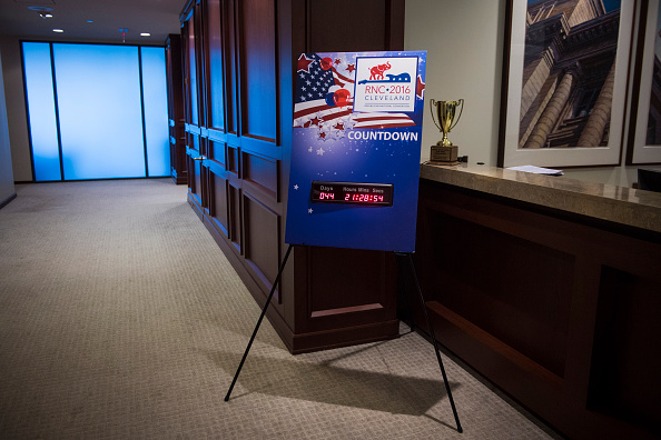 A countdown clock for the RNC is seen in a law office downtown in Cleveland, Ohio on Friday June 03, 2016.