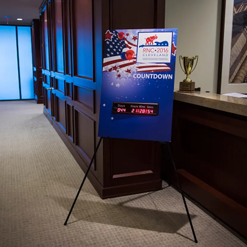 A countdown clock for the RNC is seen in a law office downtown in Cleveland, Ohio on Friday June 03, 2016.