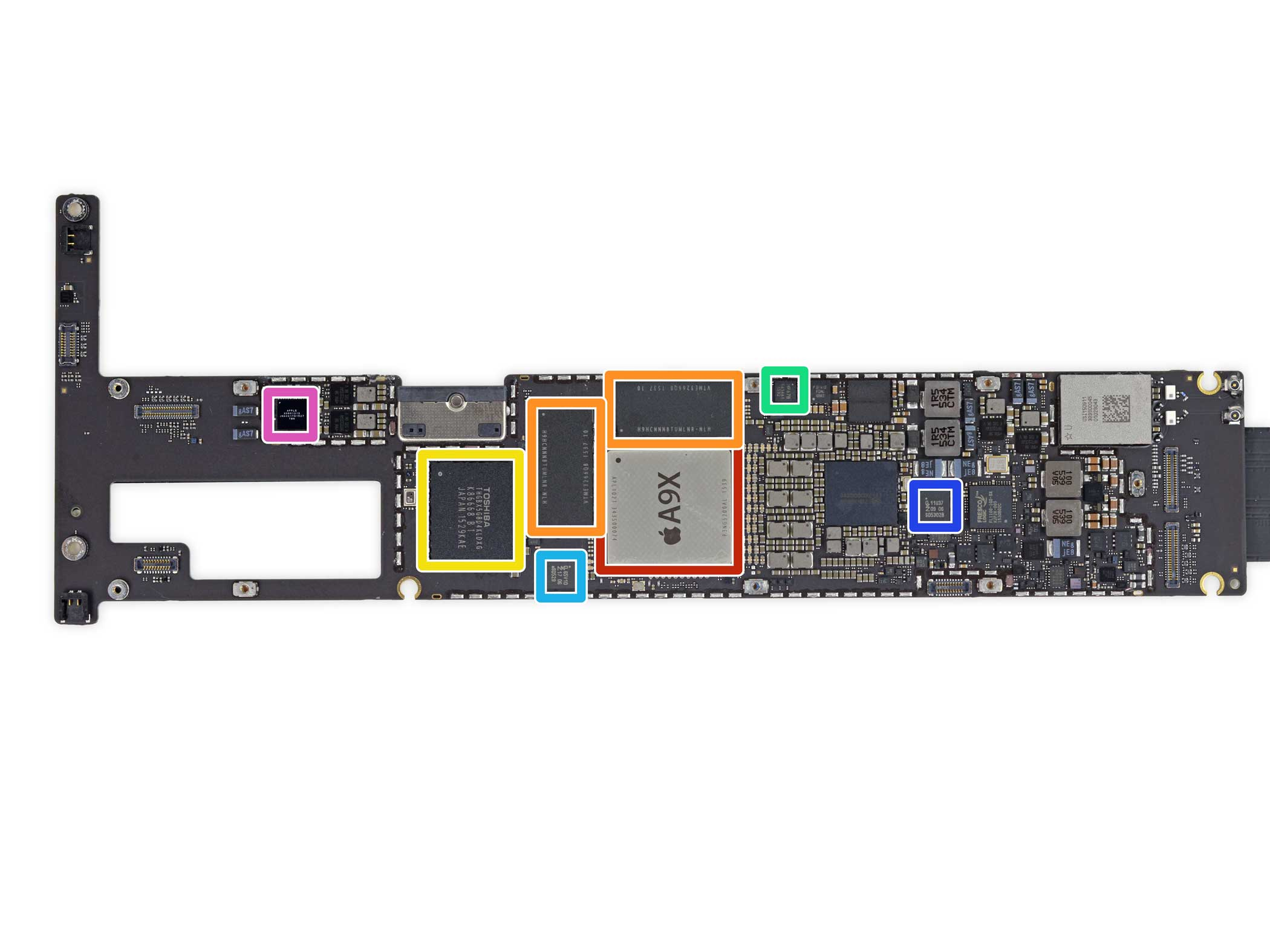 This is the logic board, which houses the iPad Pro's A9X chip, memory, flash storage, gyroscope, and other crucial components. 