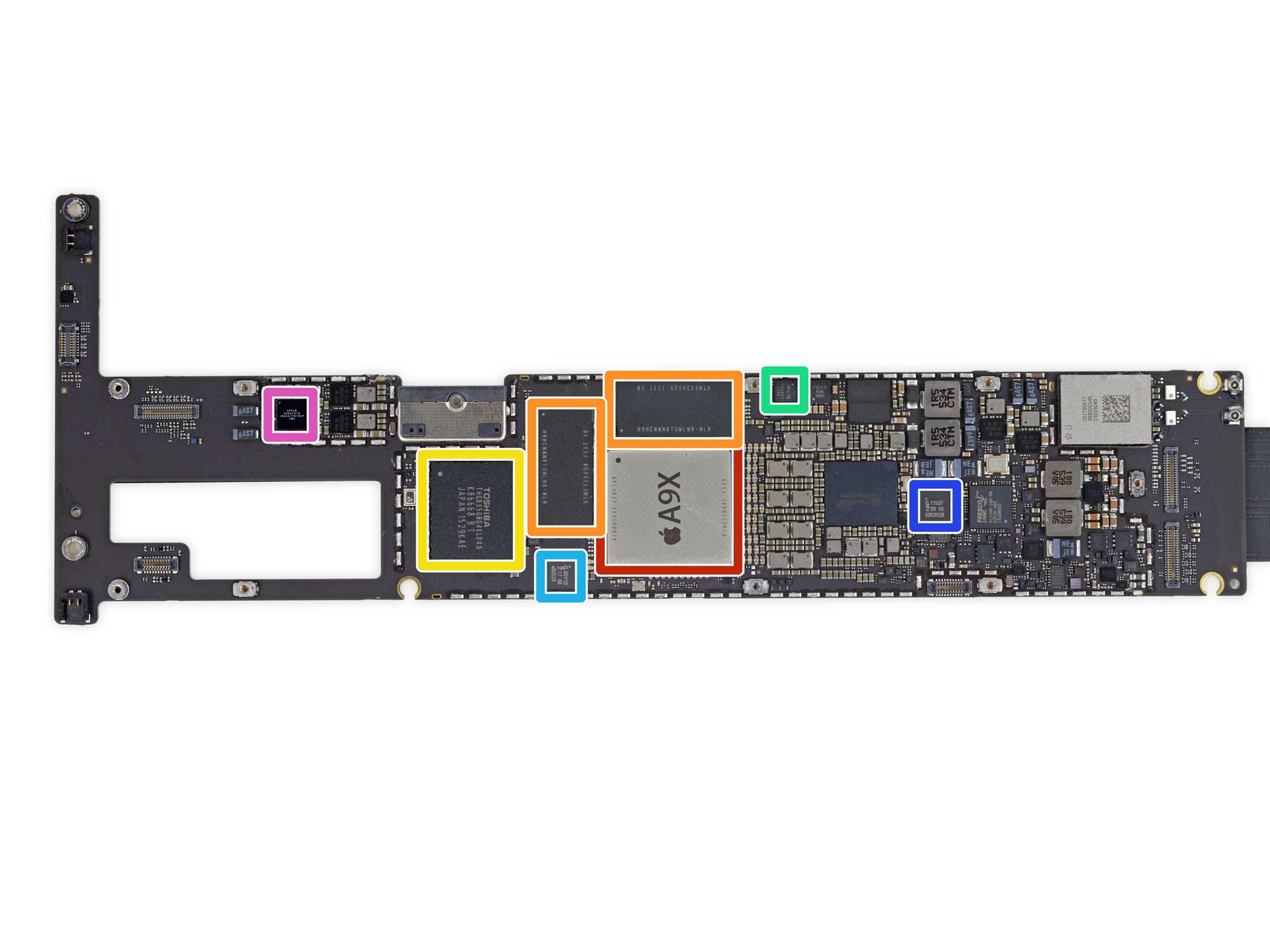 This is the logic board, which houses the iPad Pro's A9X chip, memory, flash storage, gyroscope, and other crucial components.