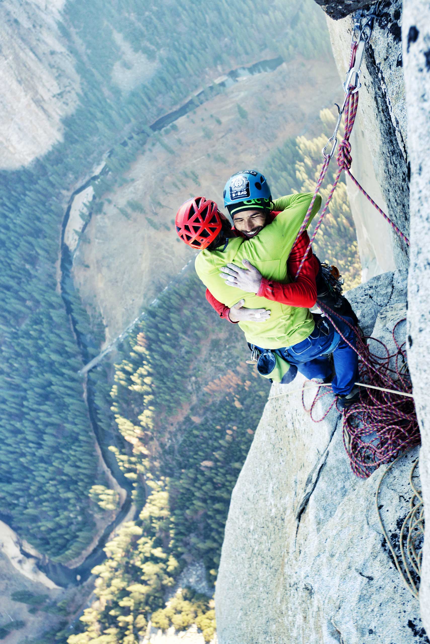 Tommy Caldwell & Kevin Jorgeson after completing the historic Dawn Wall free climb on El Capitan in Yosemite National Park on Jan. 14, 2015.