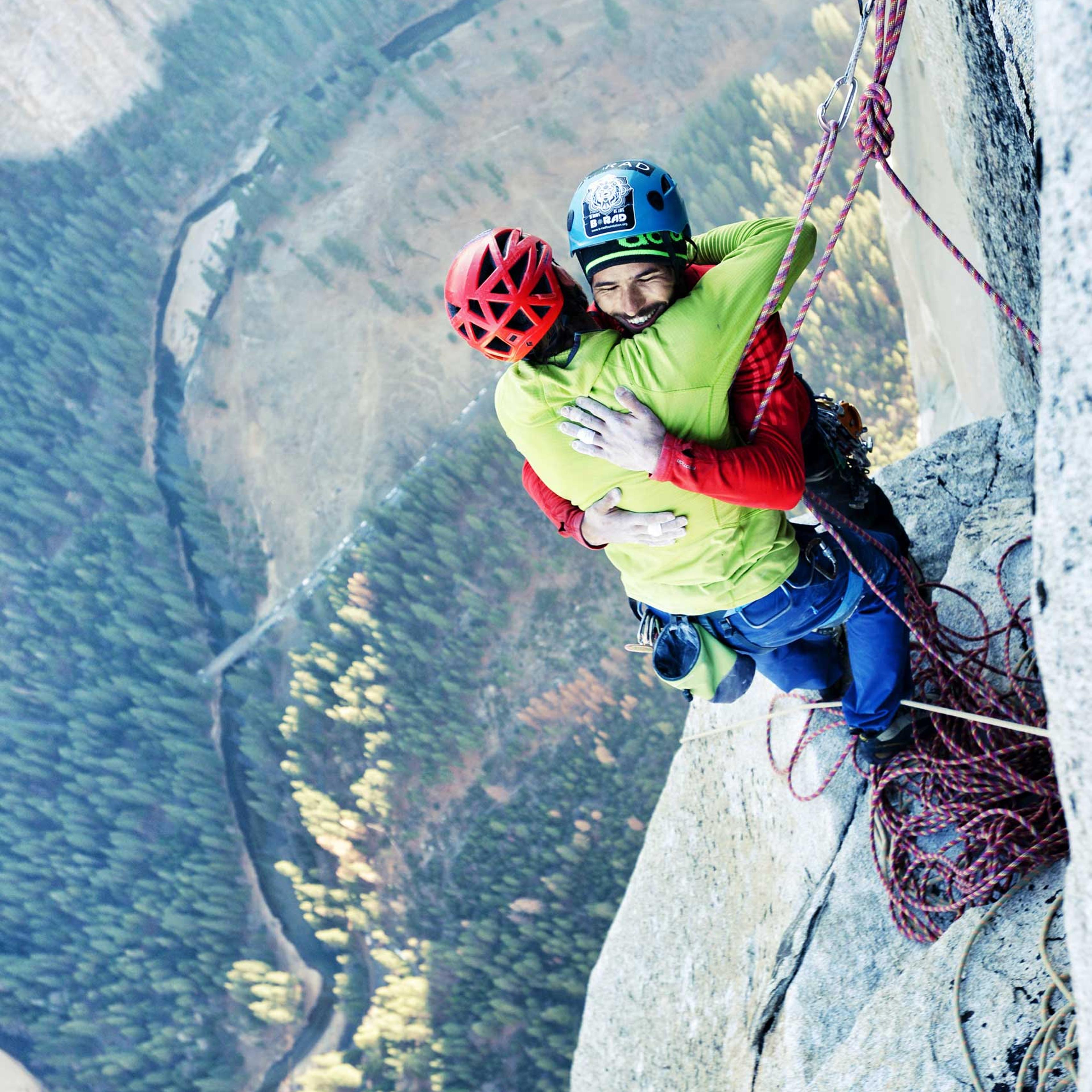 Tommy Caldwell & Kevin Jorgeson after completing the historic Dawn Wall free climb on El Capitan in Yosemite National Park on Jan. 14, 2015.