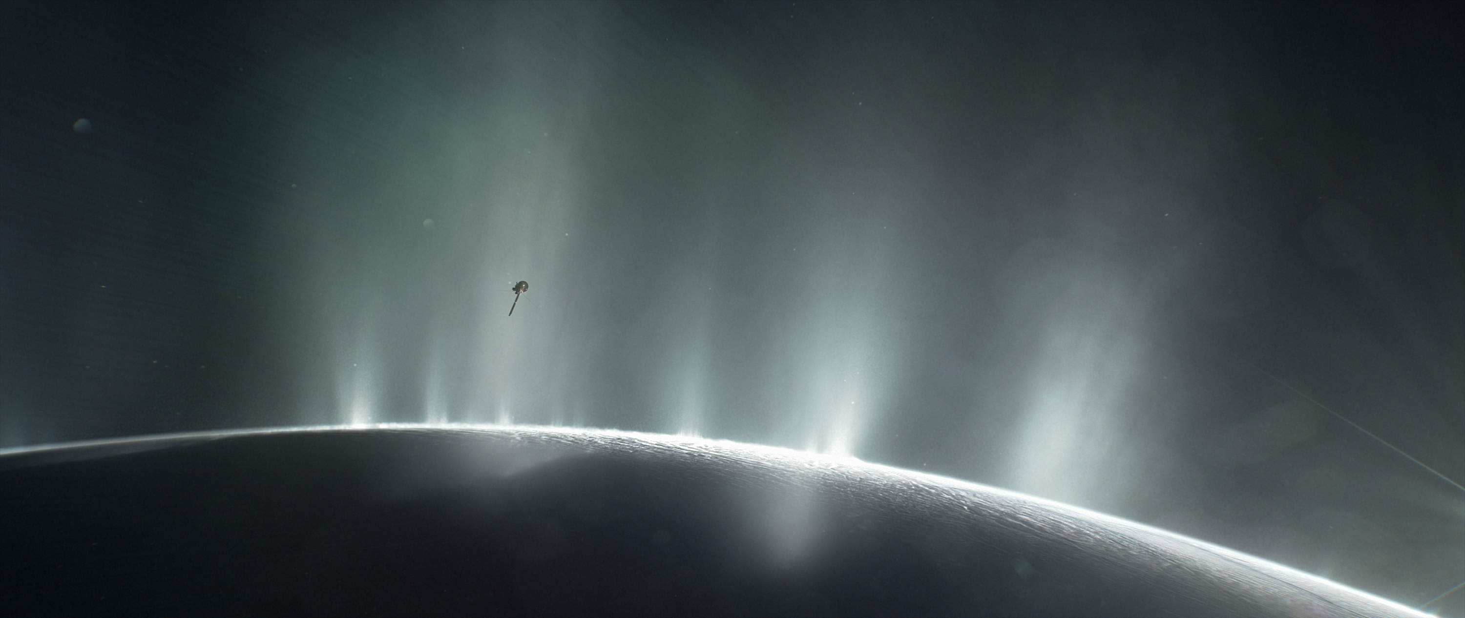 Incoming: An artist's rendering of Cassini swooping through the frost plumes of Enceladus