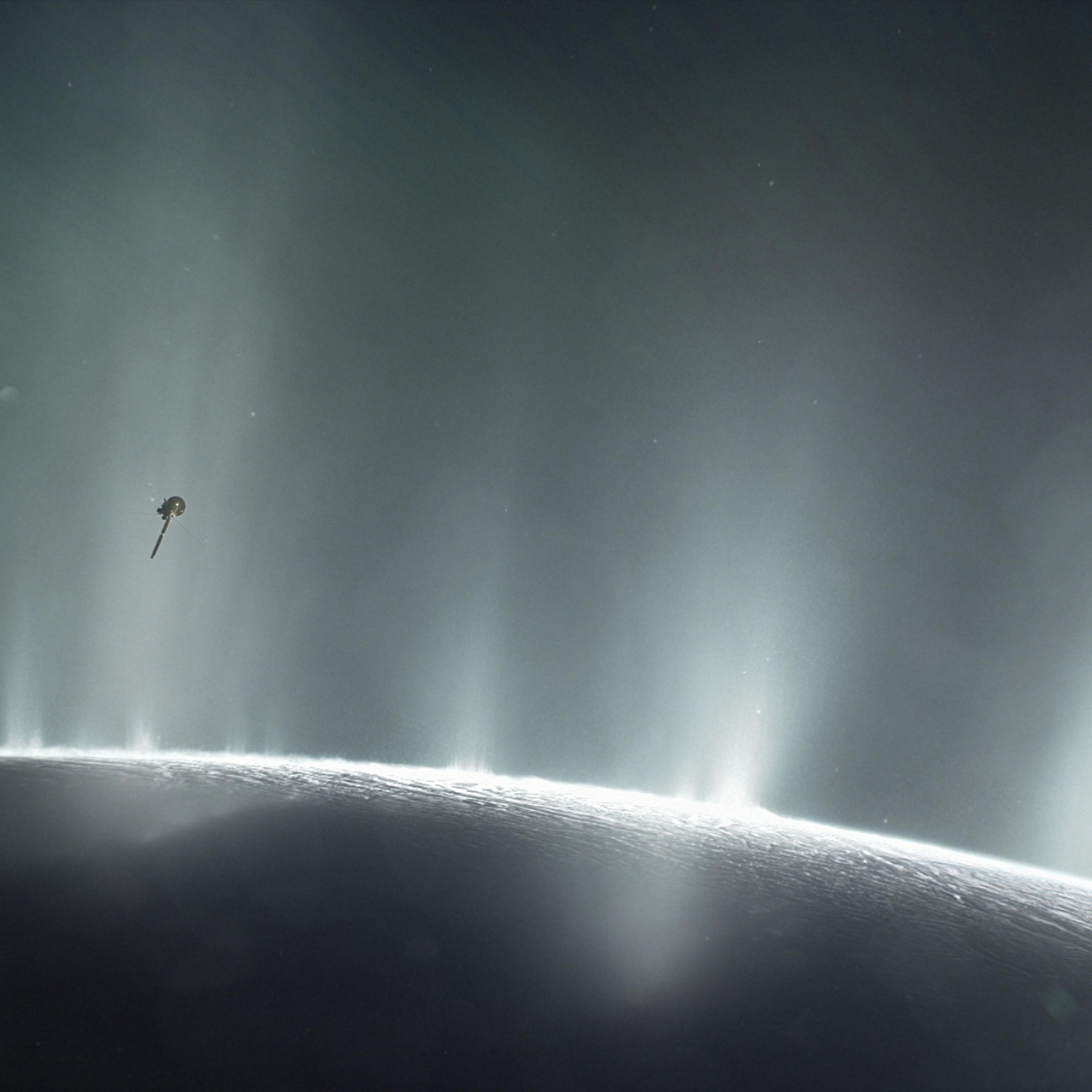 Incoming: An artist's rendering of Cassini swooping through the frost plumes of Enceladus