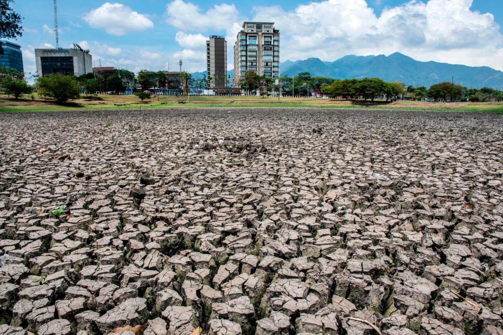 View of the dried lake of La Sabana Metropolitan Park in San Jose, on May 14, 2019. The lake was affected by droughts caused by El Nino phenomenon.