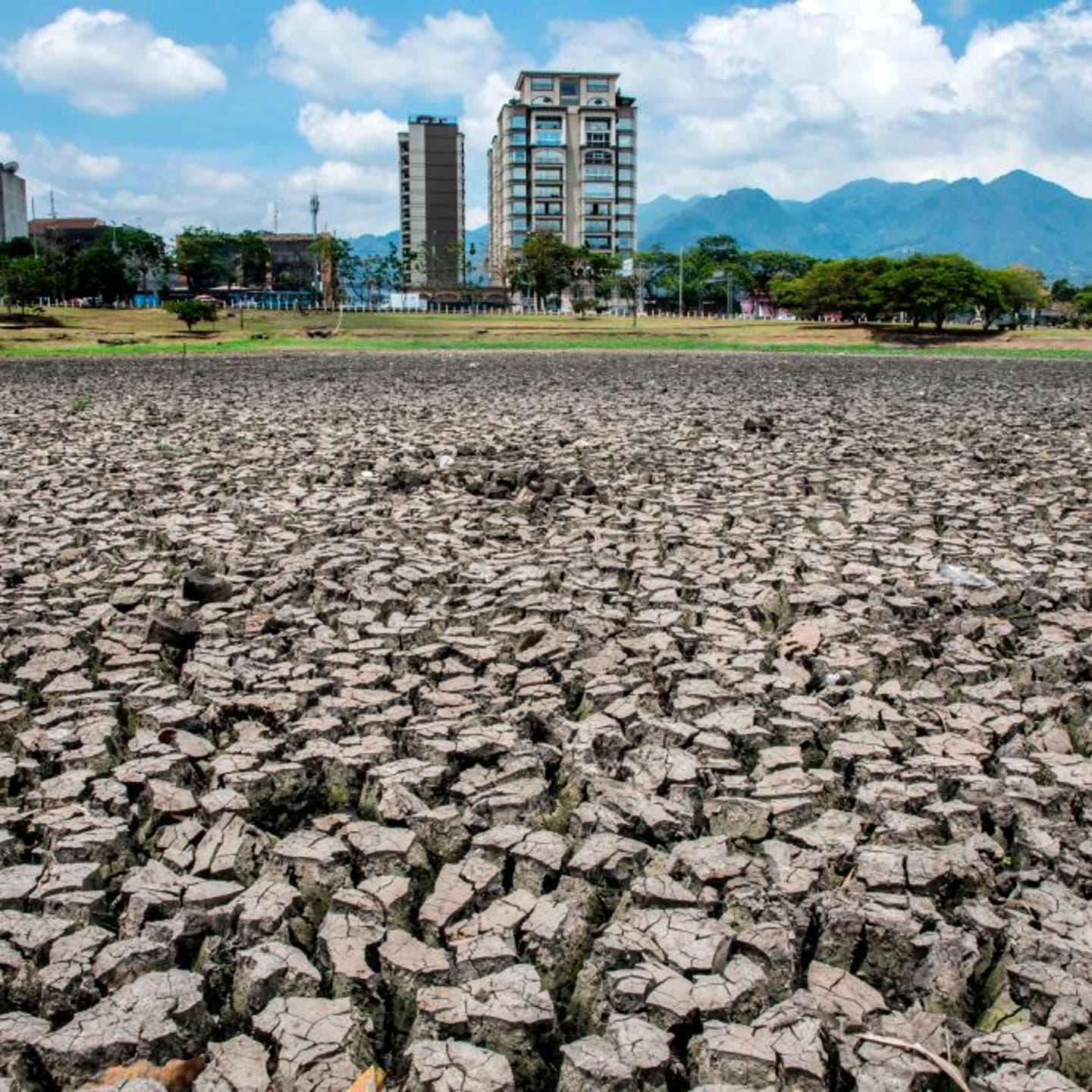 View of the dried lake of La Sabana Metropolitan Park in San Jose, on May 14, 2019. The lake was affected by droughts caused by El Nino phenomenon.