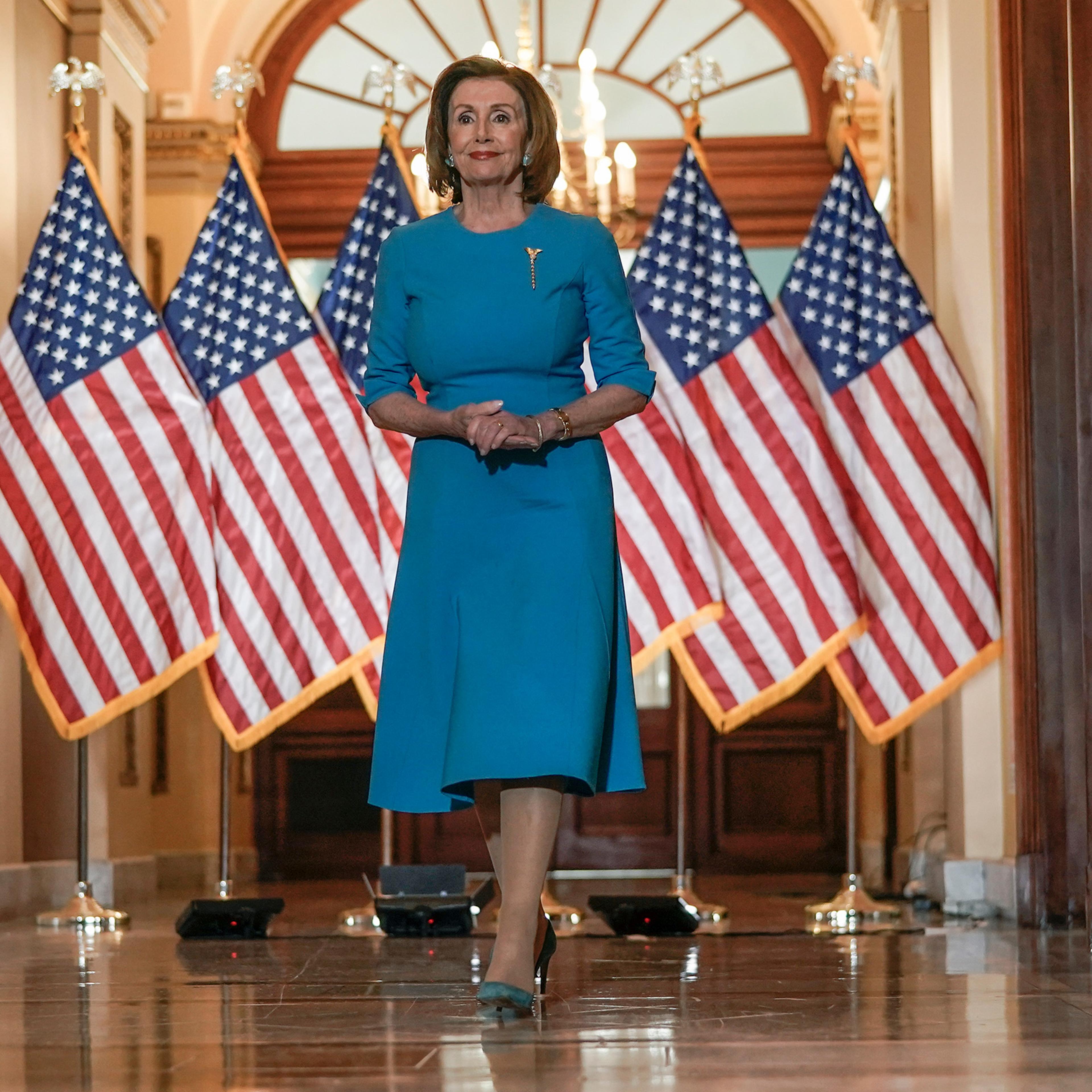 House Speaker Nancy Pelosi of Calif., arrives to speak on Capitol Hill in Washington, Friday, March, 13, 2020.
