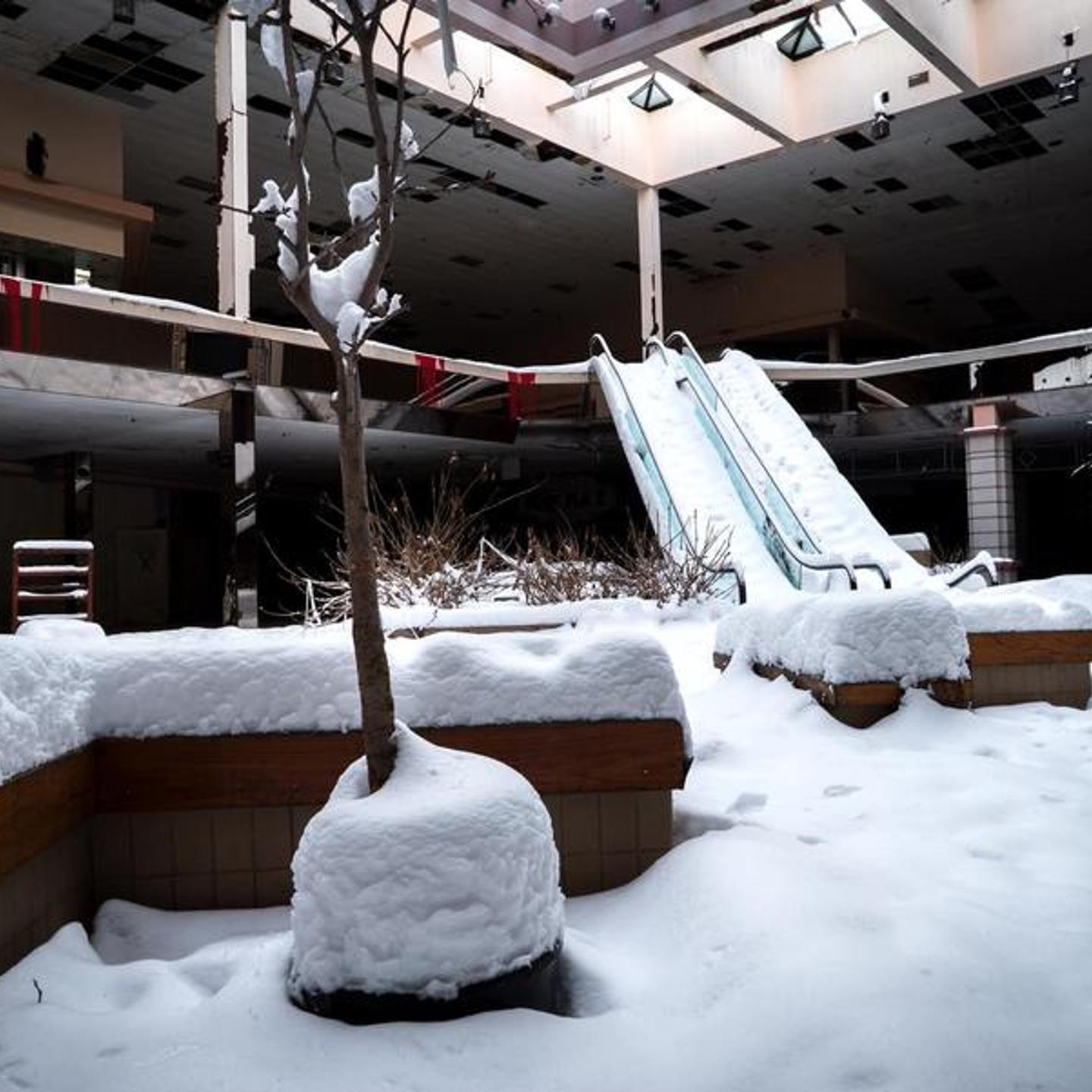 Snow covers the abandoned Rolling Acres Mall in Akron, Ohio.