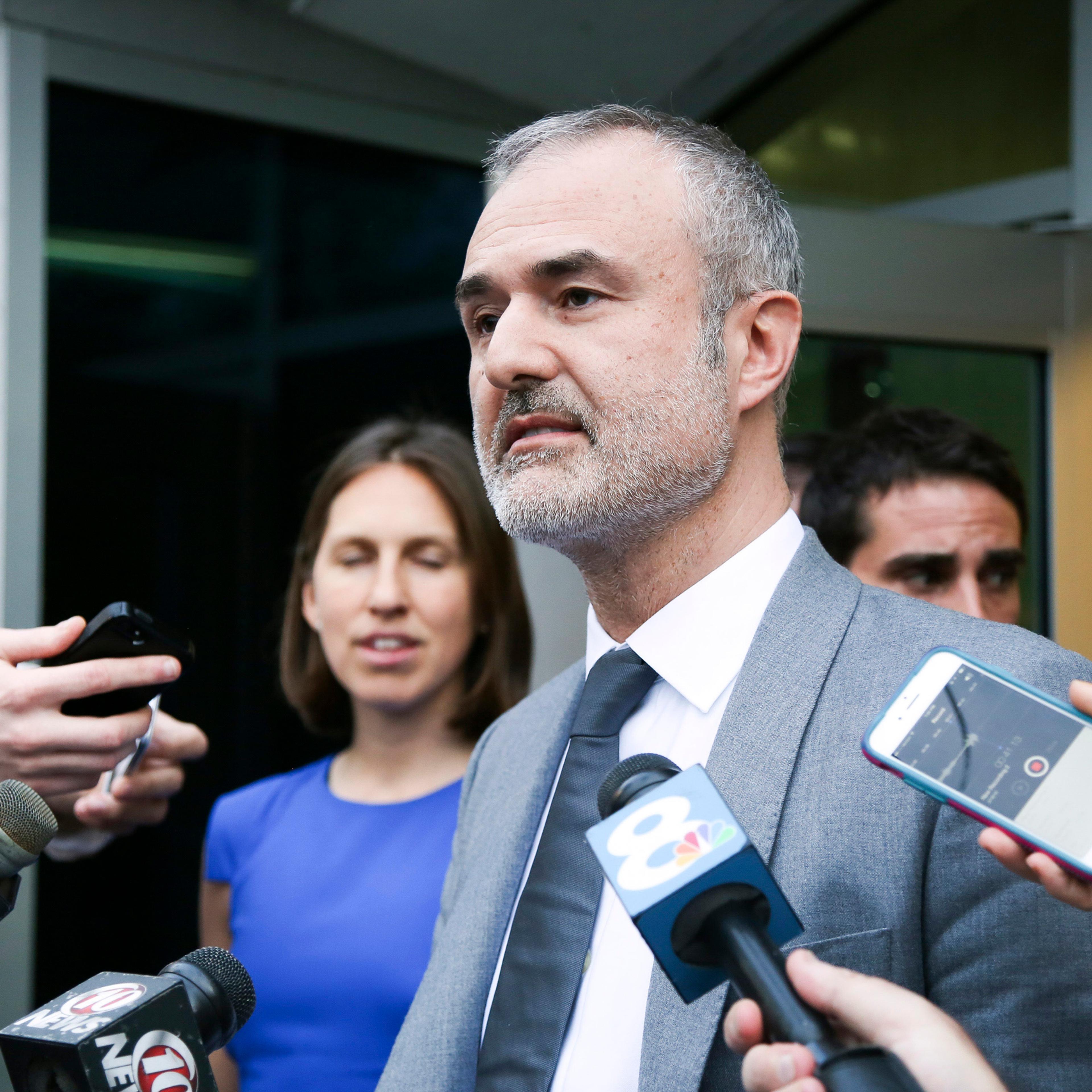 Gawker founder Nick Denton speaks to the media, in St. Petersburg, Fla. on March 18, 2016.