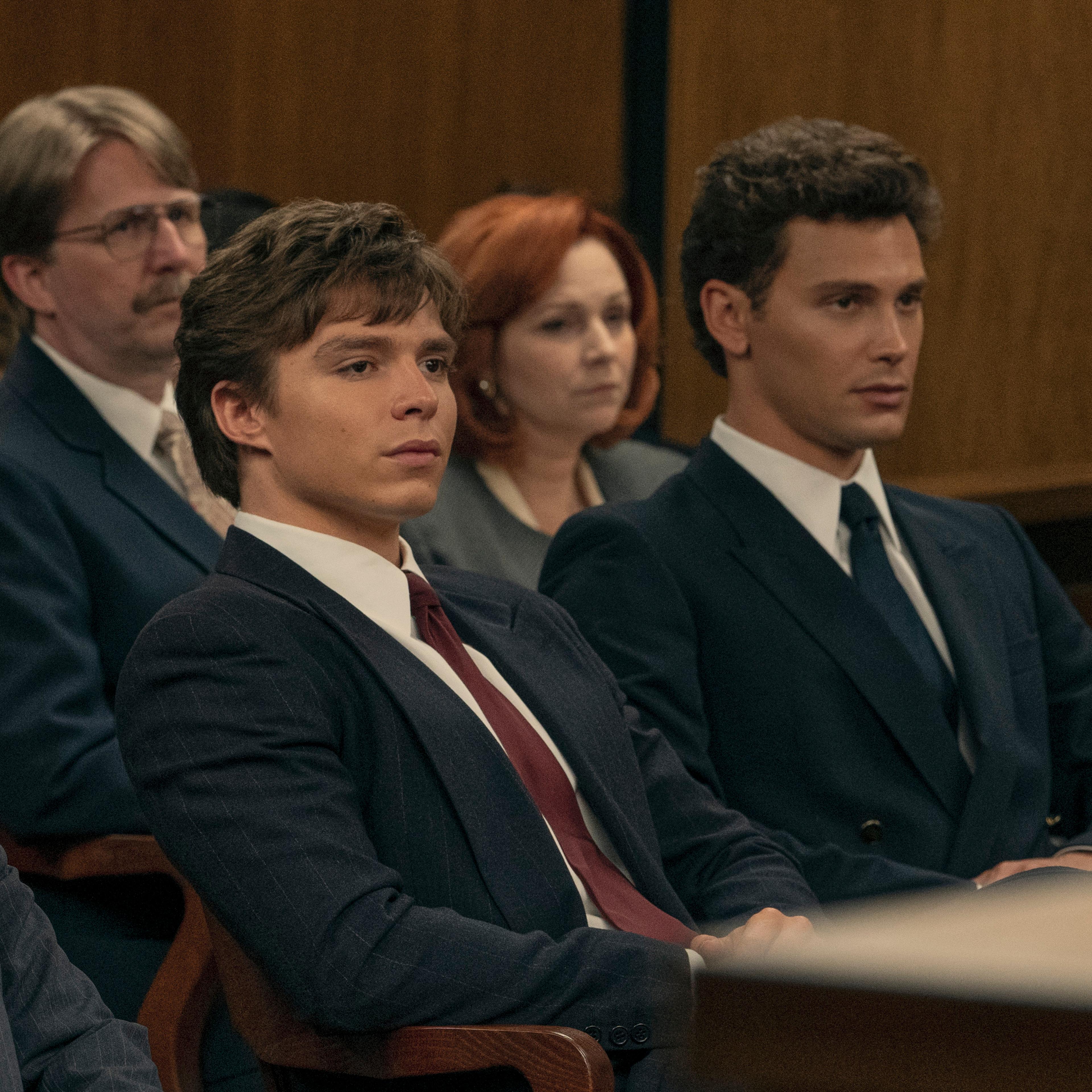 Brad Culver as Gerald Chaleff, Nicholas Chavez as Lyle Menendez, and Cooper Koch as Erik Menendez in Episode 7 of 'Monsters: The Lyle And Erik Menendez Story.'