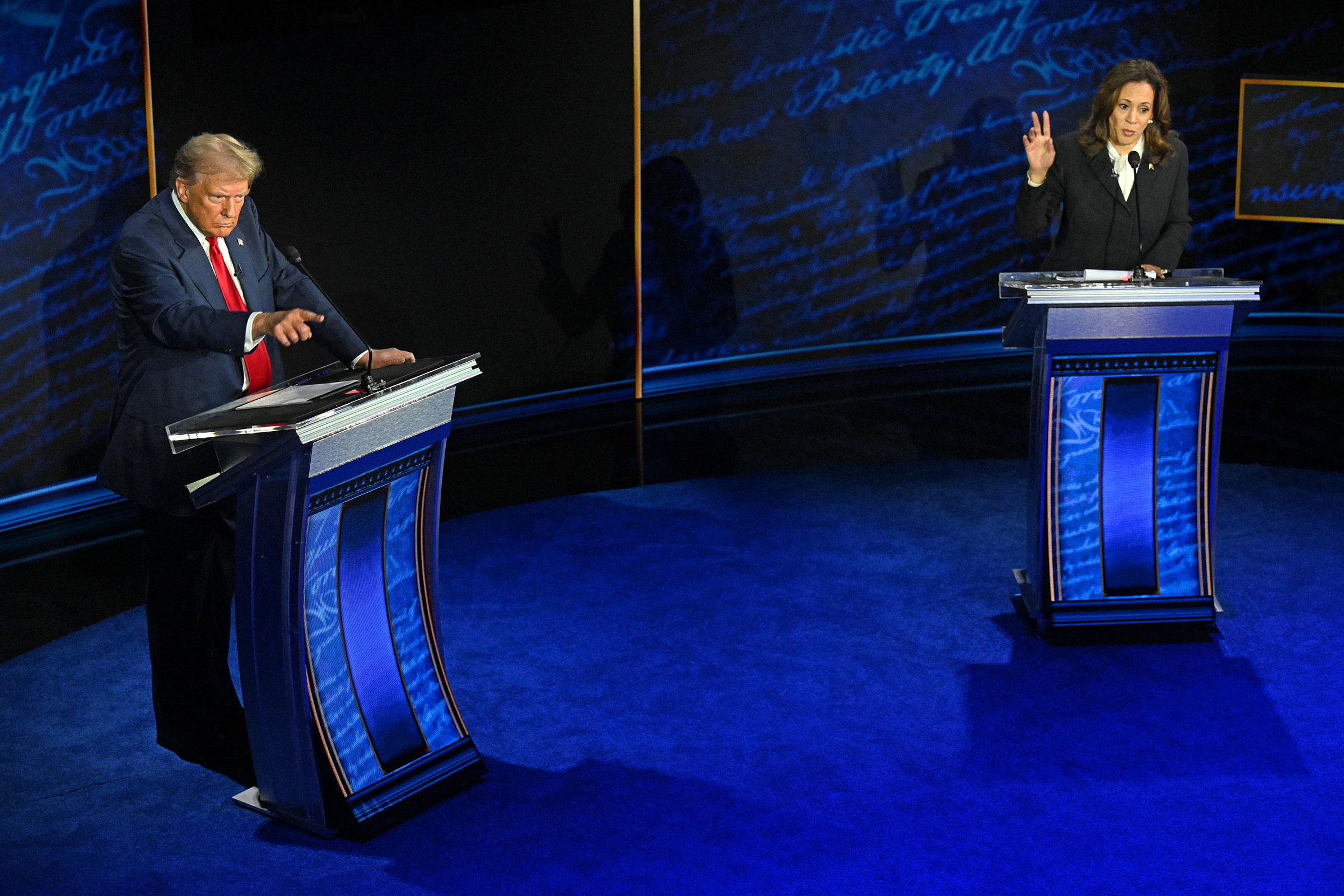 Former President and Republican presidential candidate Donald Trump speaks during a presidential debate with Vice President and Democratic presidential candidate Kamala Harris at the National Constitution Center in Philadelphia, on Sept. 10, 2024.