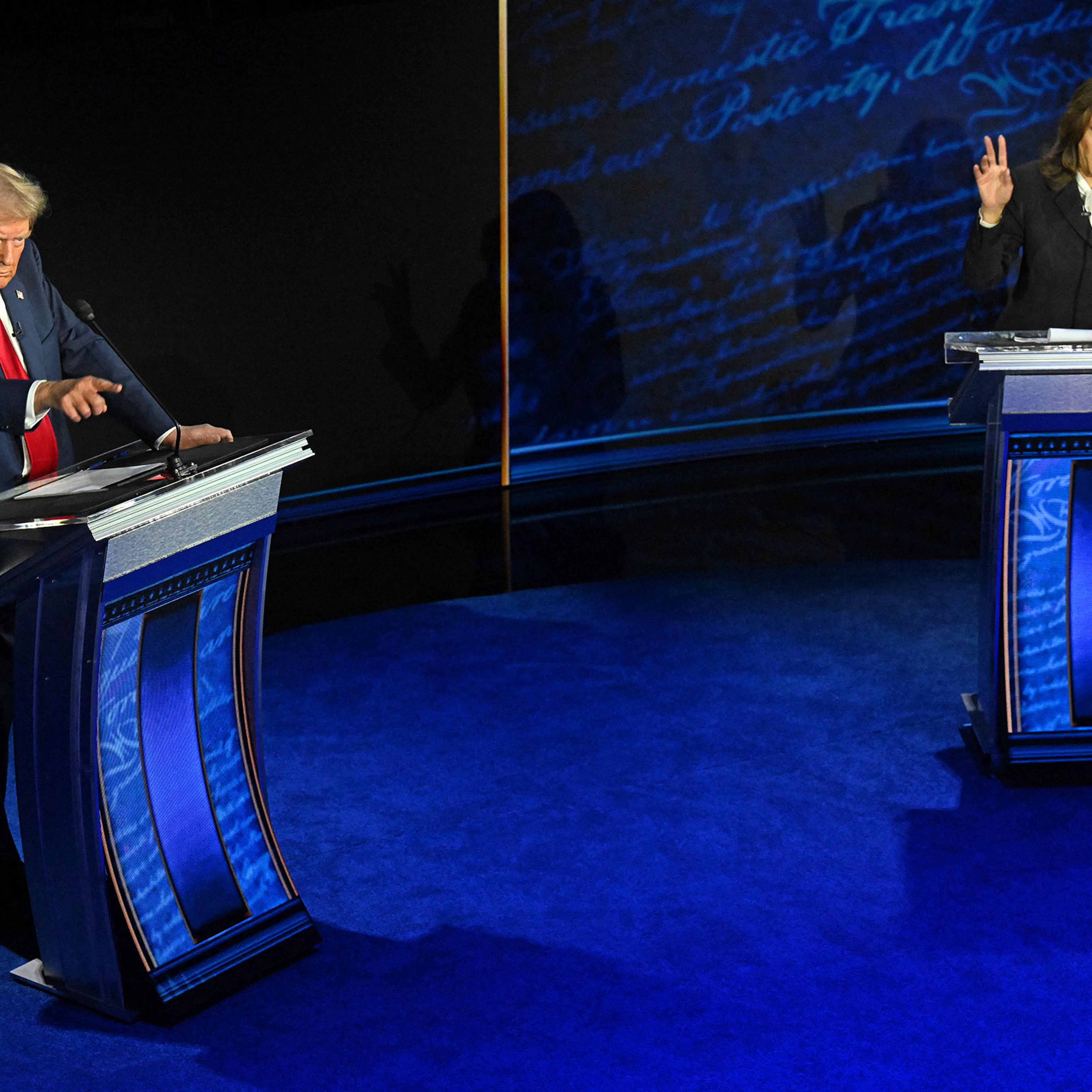 Former President and Republican presidential candidate Donald Trump speaks during a presidential debate with Vice President and Democratic presidential candidate Kamala Harris at the National Constitution Center in Philadelphia, on Sept. 10, 2024.