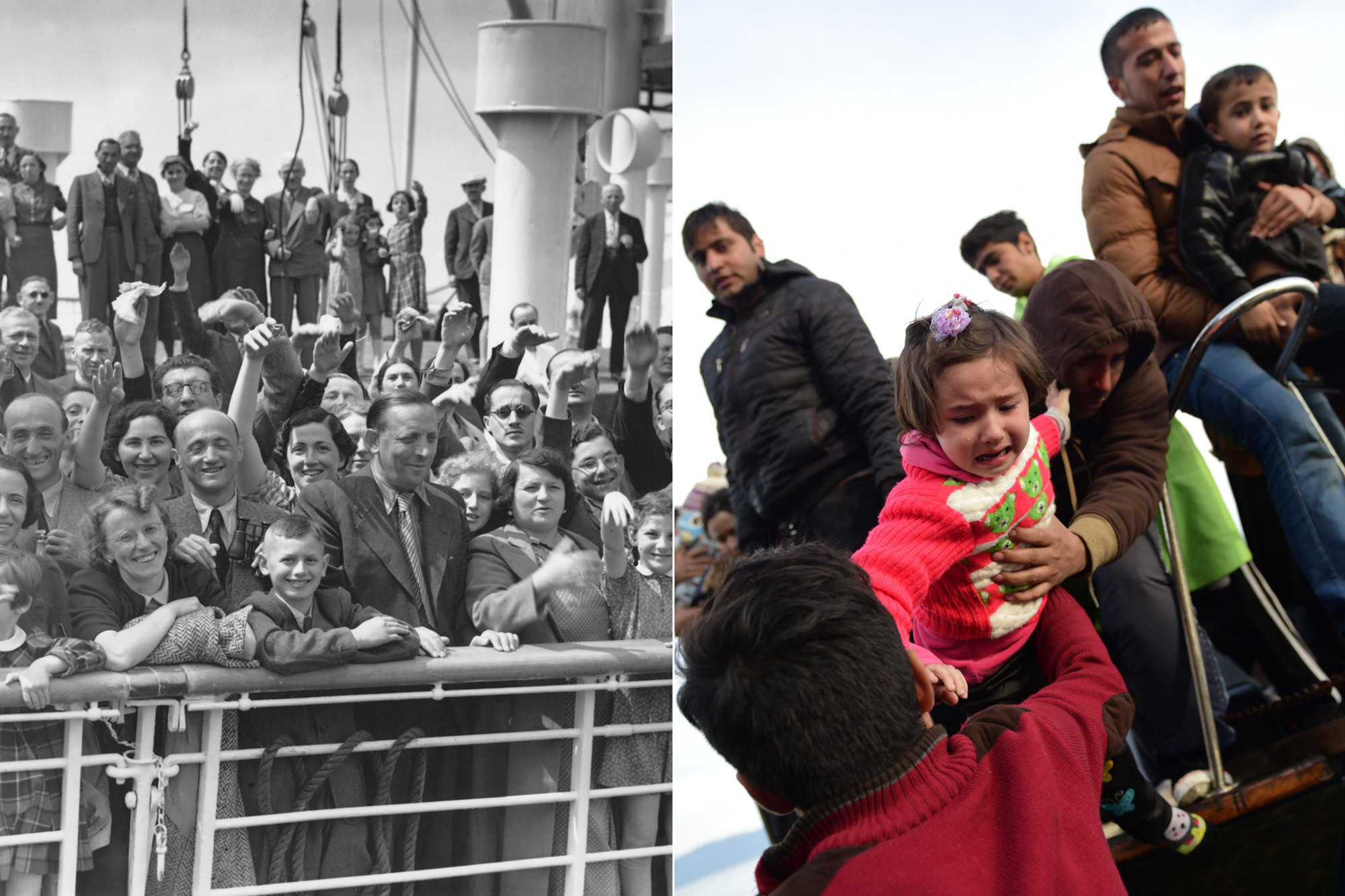 From left: Some of the 700 Jewish refugees aboard the Hamburg-America liner St. Louis on arrival at Antwerp, Belgium on June 17, 1939. A child is lifted off, as migrants and refugees disembark on the Greek island of Lesbos on Nov. 16, 2015.
