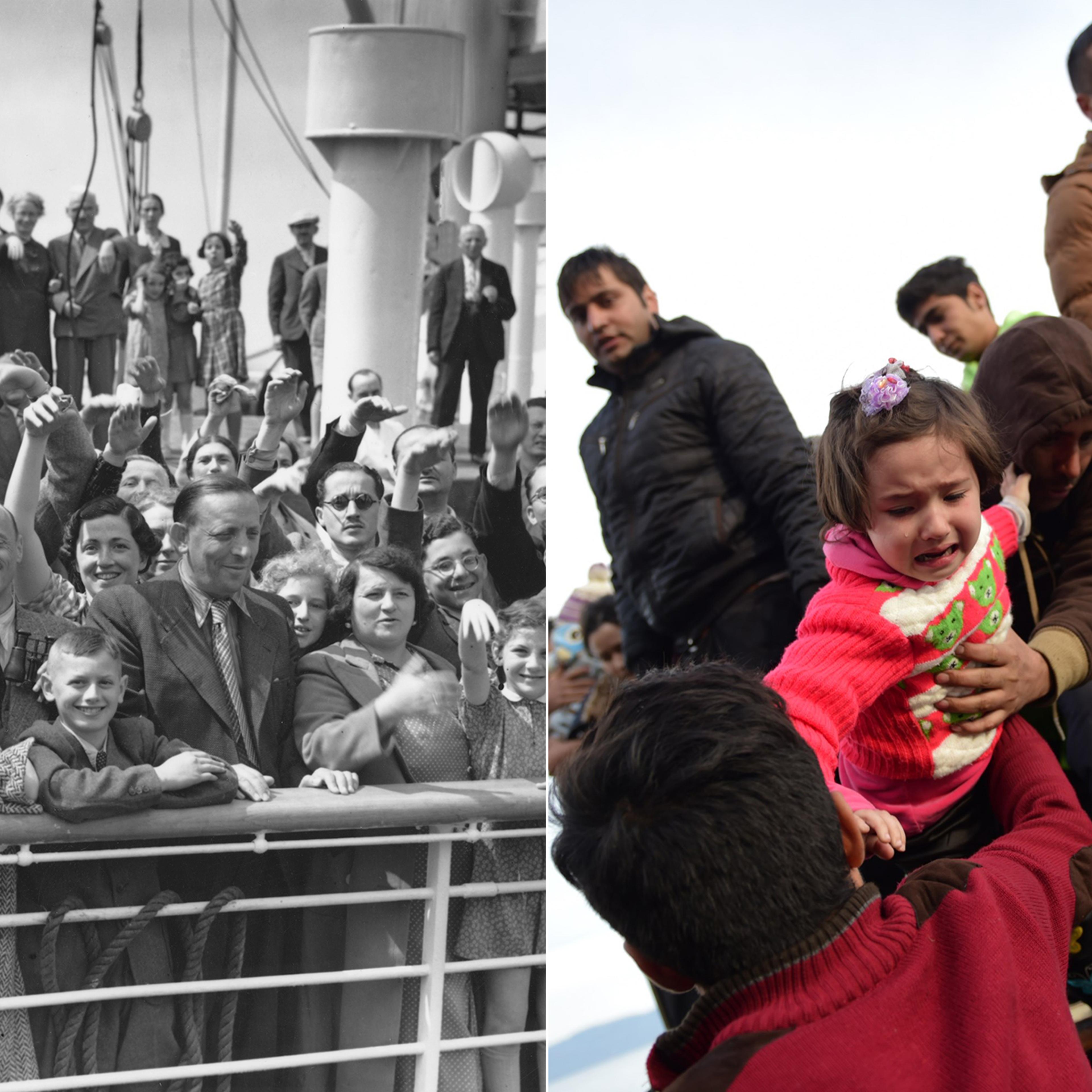 From left: Some of the 700 Jewish refugees aboard the Hamburg-America liner St. Louis on arrival at Antwerp, Belgium on June 17, 1939. A child is lifted off, as migrants and refugees disembark on the Greek island of Lesbos on Nov. 16, 2015.