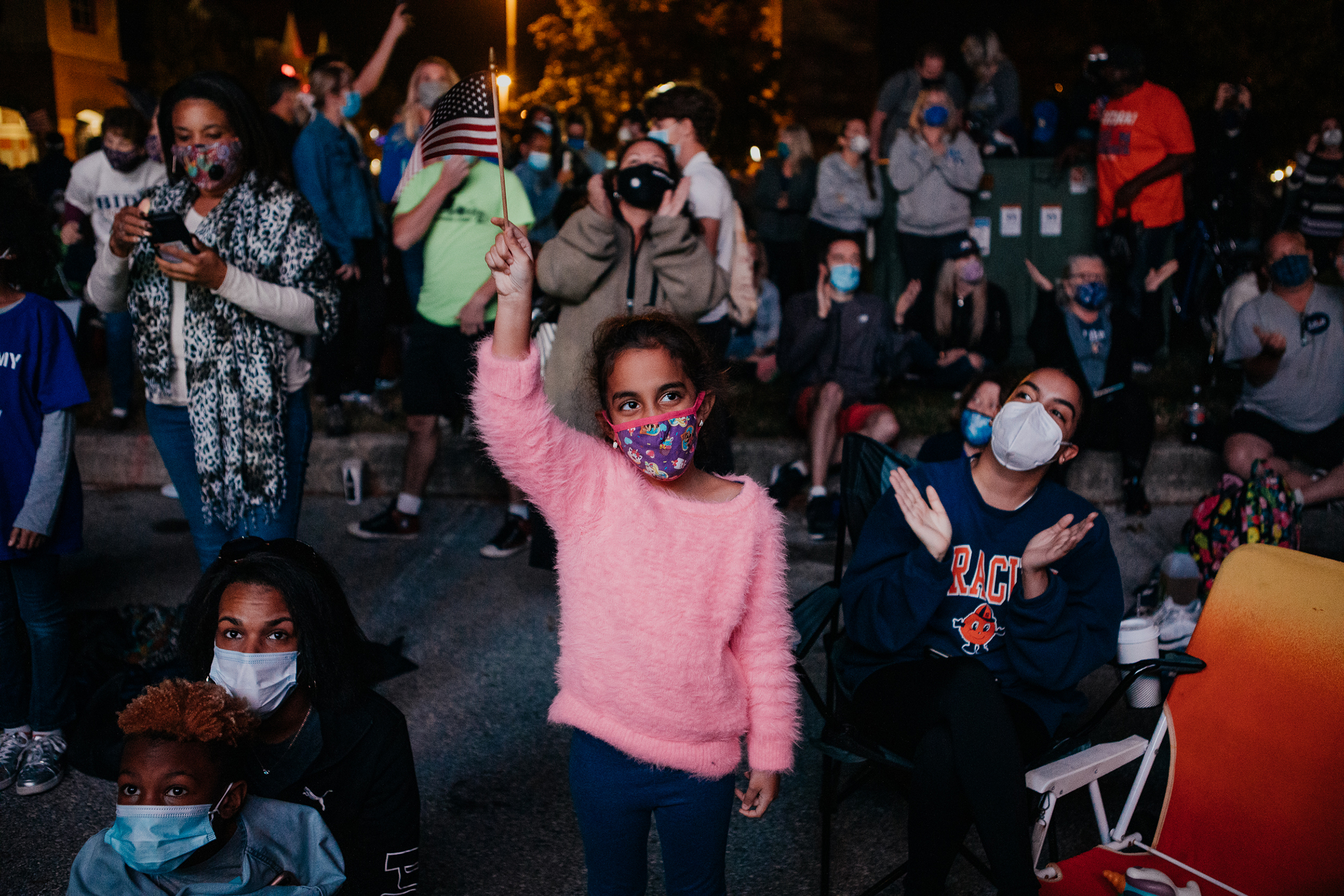 Mia Duran, 6, of Claymont, Del., outside the Chase Center in Wilmington on Nov. 7, 2020. President-elect Joe Biden and Vice President-elect Kamala Harris delivered their victory speeches there that evening.