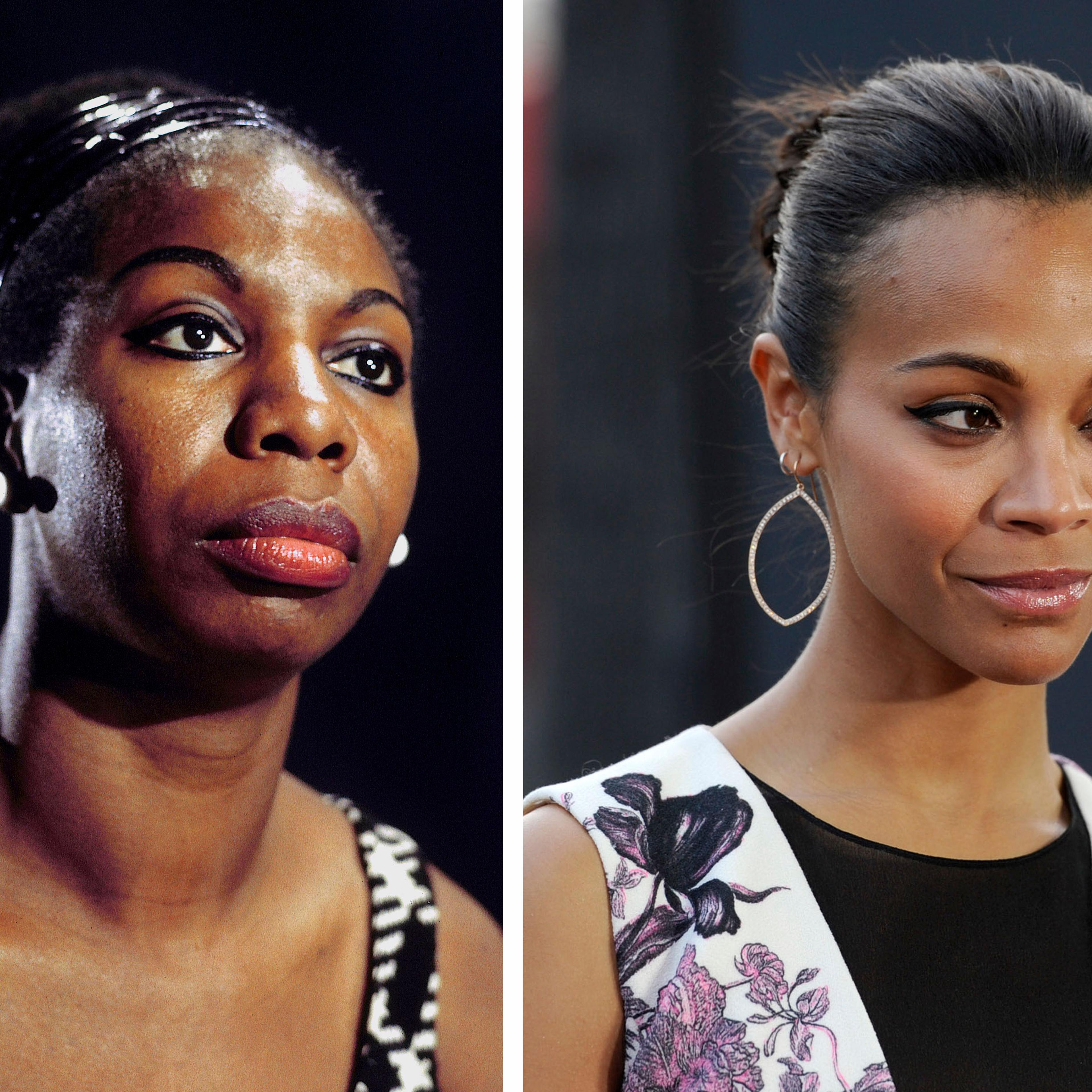 Actress Zoe Saldana (R) is playing late singer Nina Simone (L) in a movie by director Cynthia Mort.