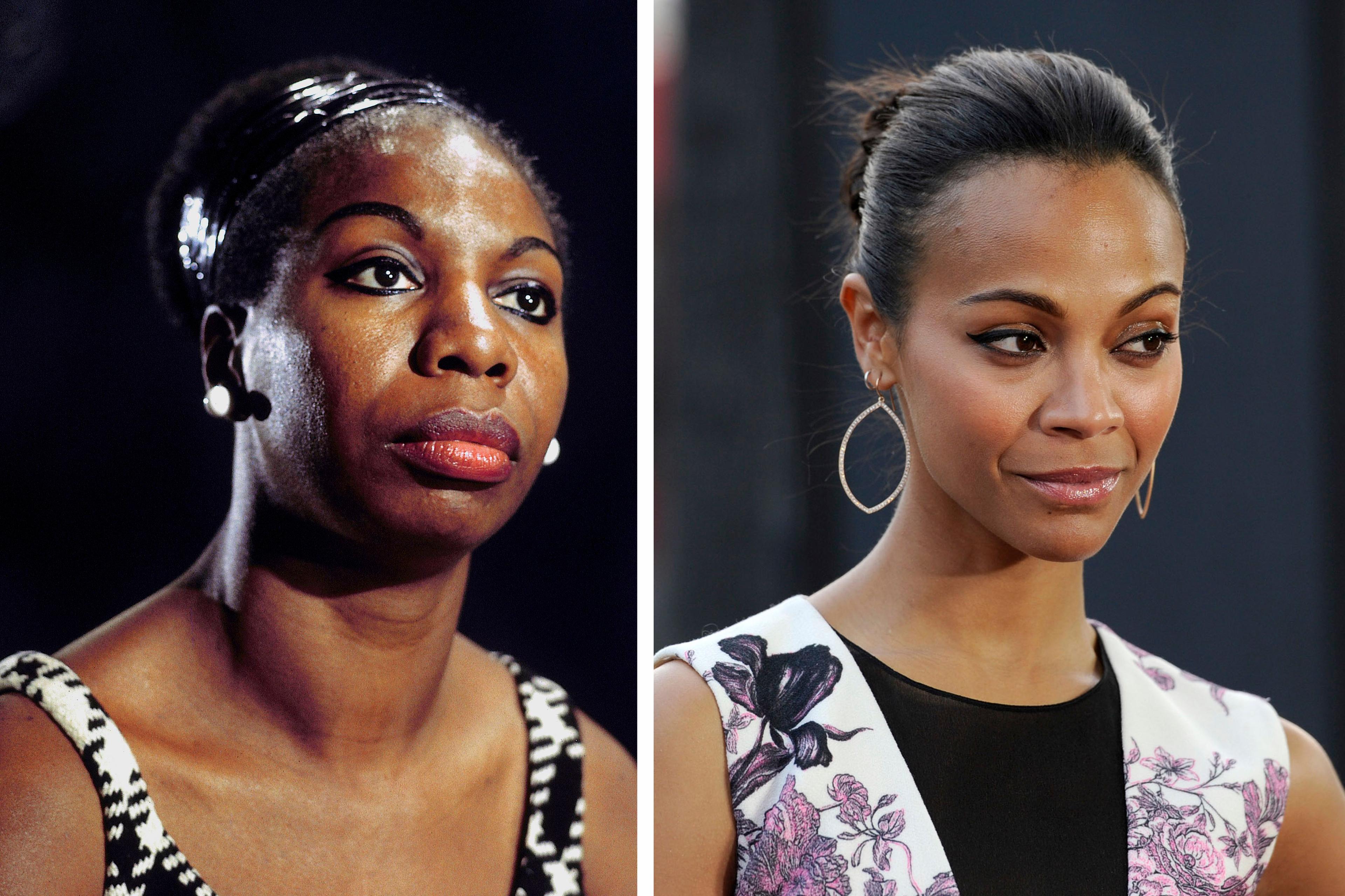 Actress Zoe Saldana (R) is playing late singer Nina Simone (L) in a movie by director Cynthia Mort.