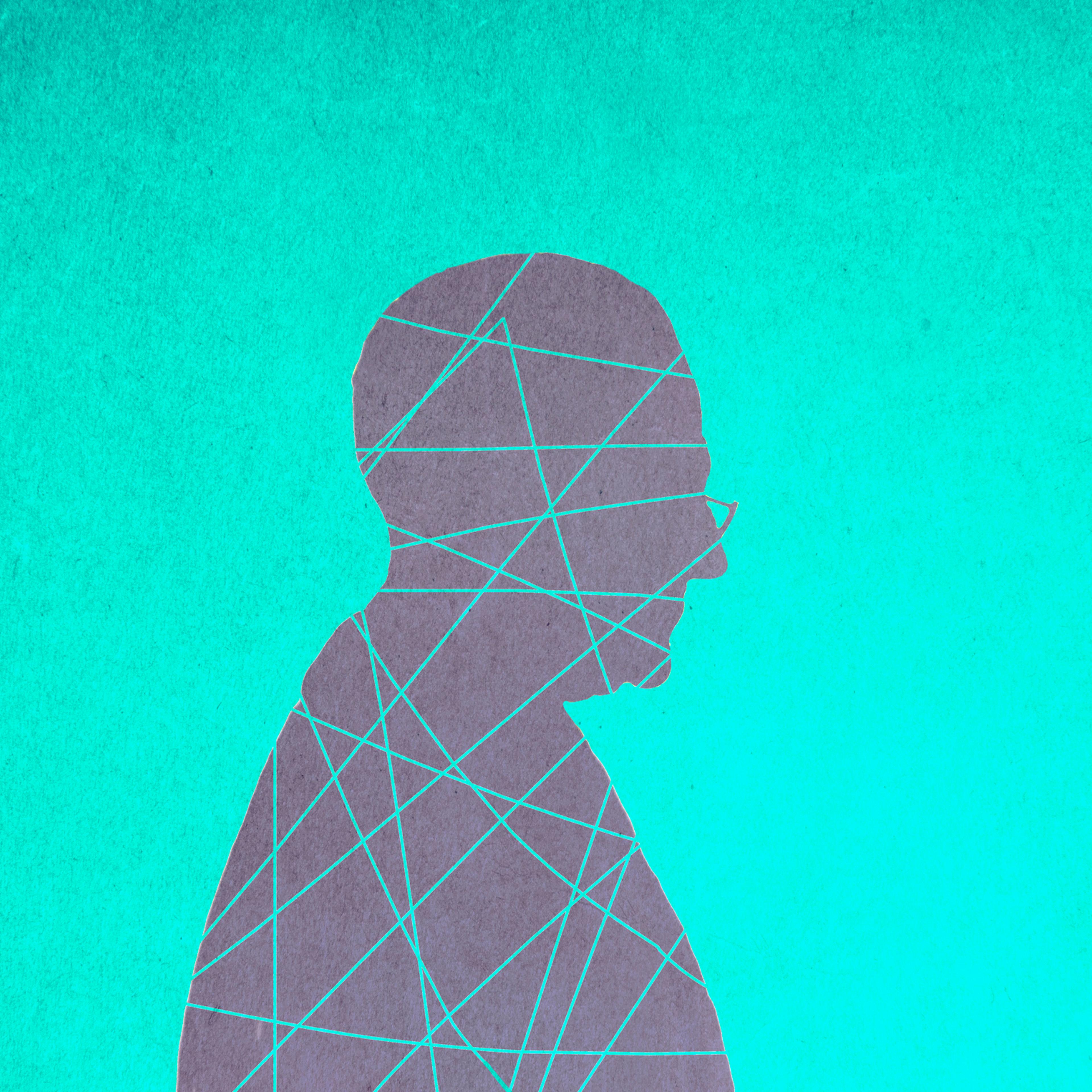 Illustration of senior man with tangled lines over blue background