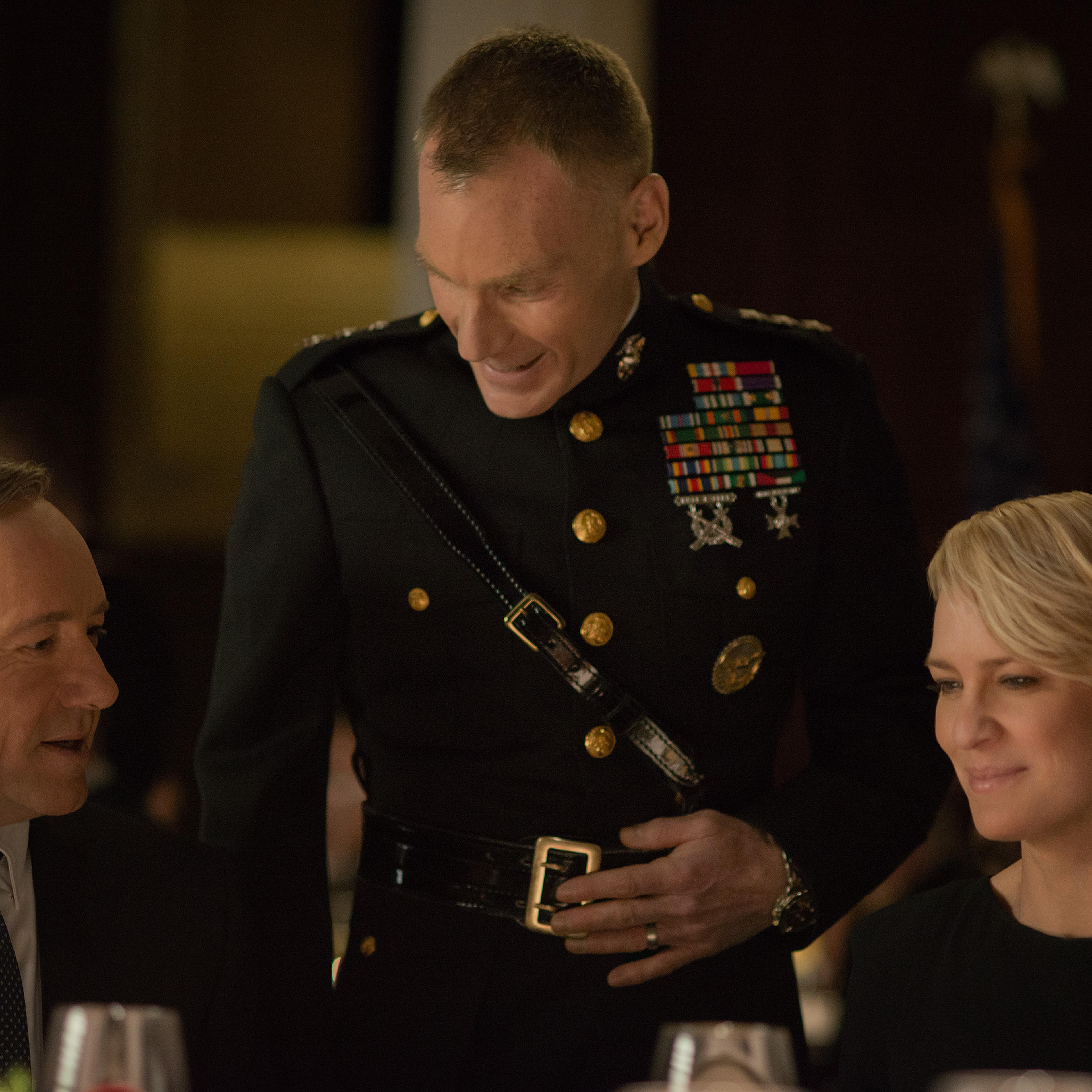 Kevin Spacey (left), Peter Bradbury (center), and Robin Wright in a scene from "House of Cards" Season 2