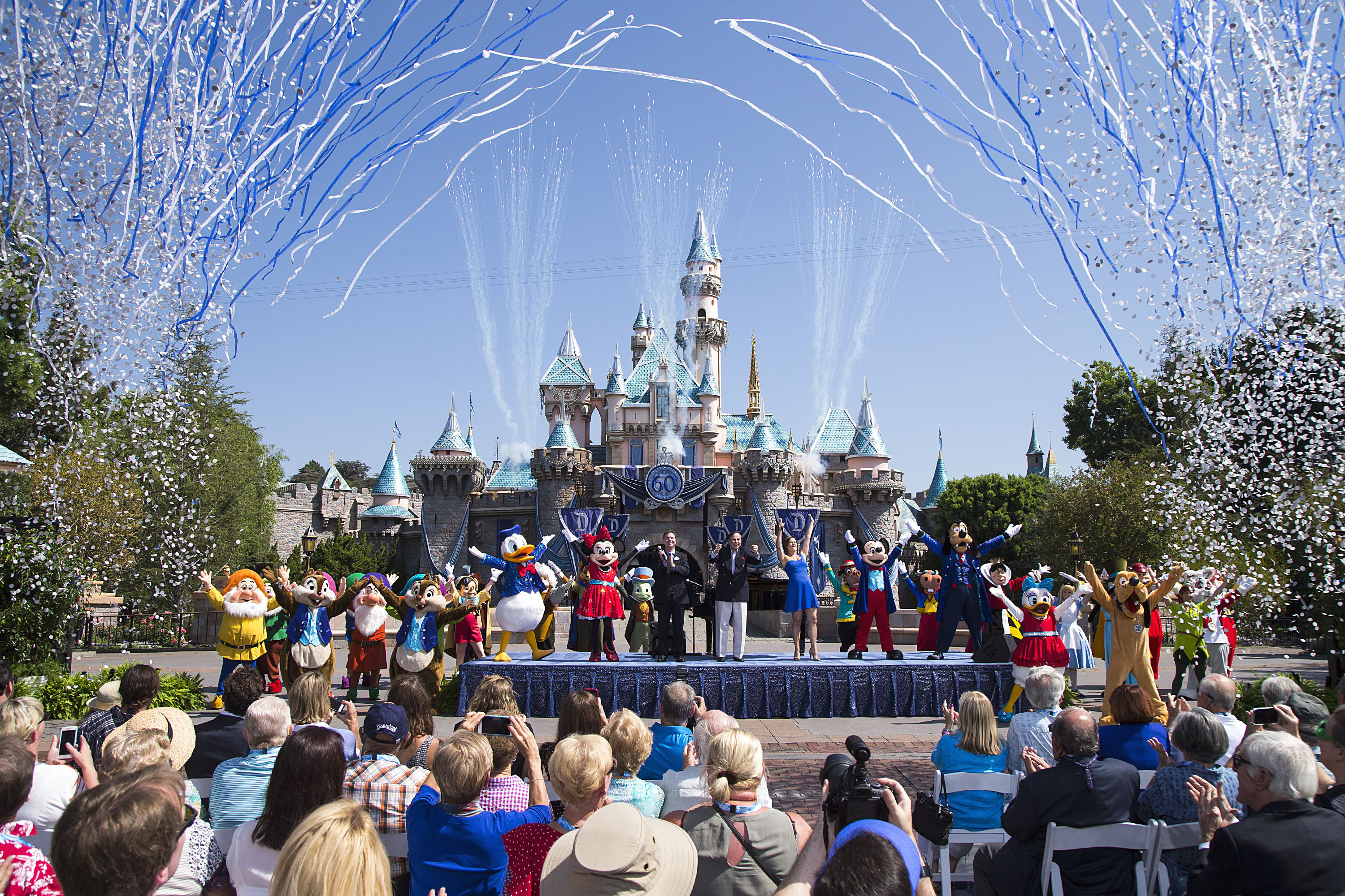 (July 17, 2015) Ð Mickey Mouse and his friends celebrate the 60th anniversary of Disneyland park during a ceremony at Sleeping Beauty Castle featuring Academy Award-winning composer, Richard Sherman and Broadway actress and singer Ashley Brown, in Anahei