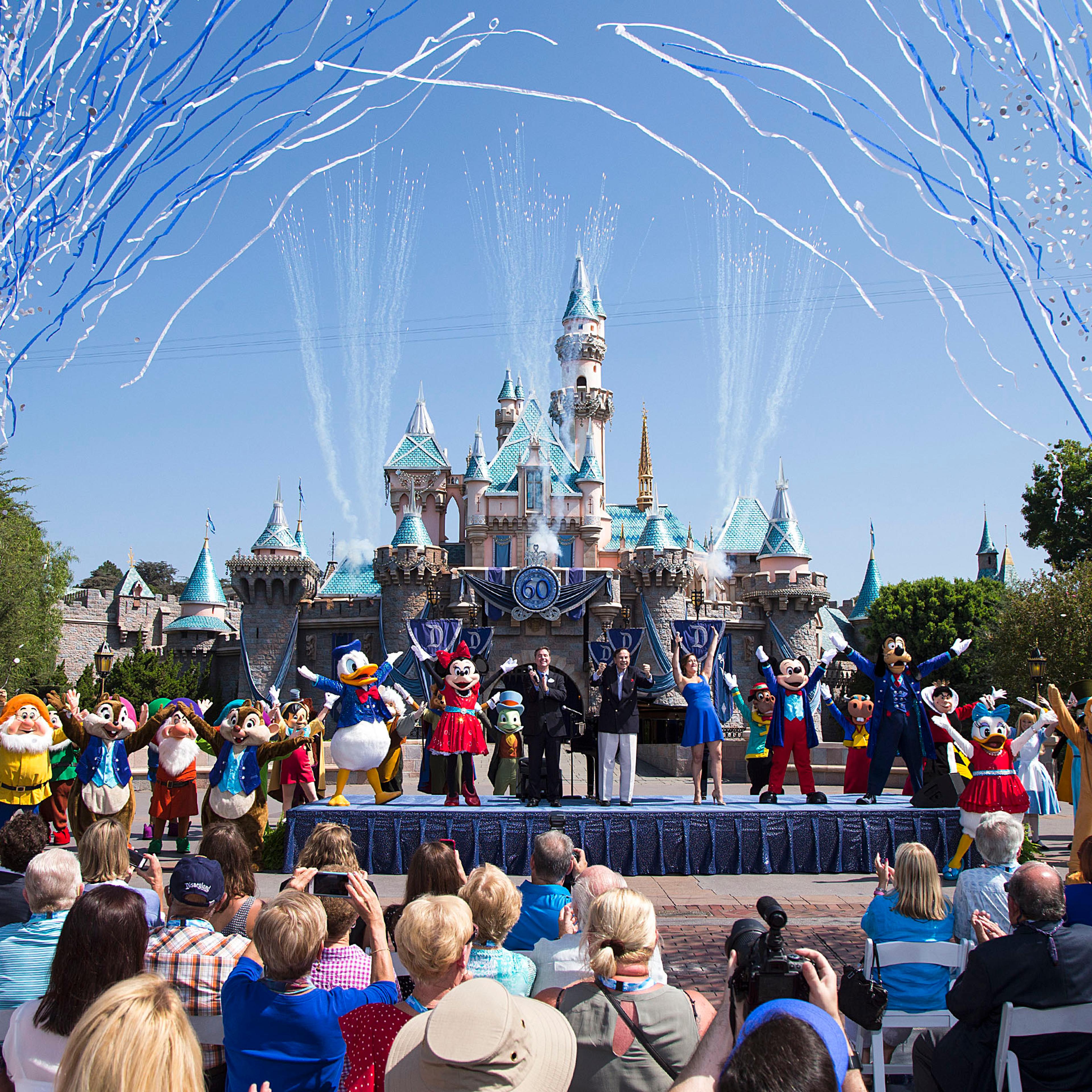 (July 17, 2015) Ð Mickey Mouse and his friends celebrate the 60th anniversary of Disneyland park during a ceremony at Sleeping Beauty Castle featuring Academy Award-winning composer, Richard Sherman and Broadway actress and singer Ashley Brown, in Anahei