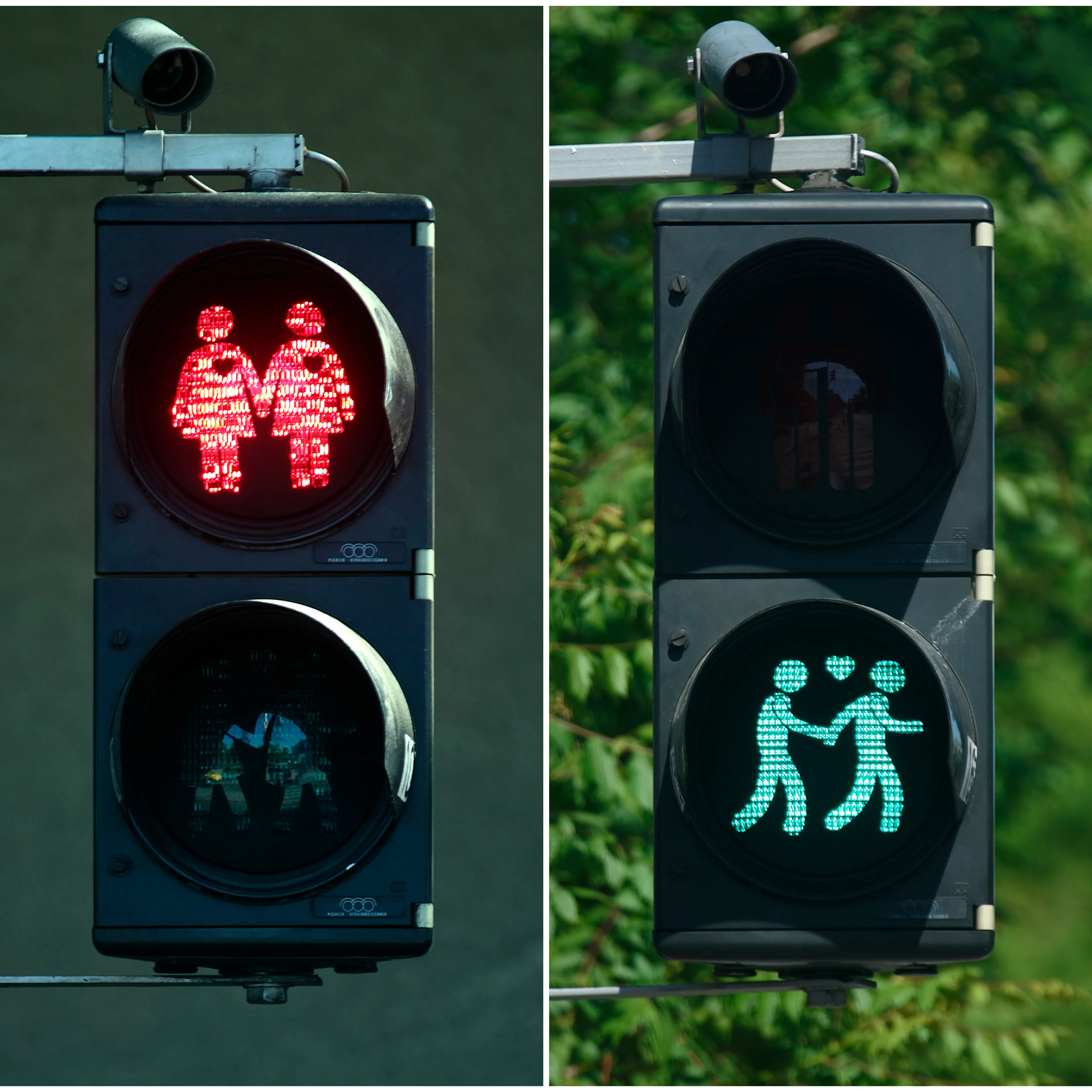 A combination of photos shows gay-themed traffic lights in Vienna May 11, 2015.