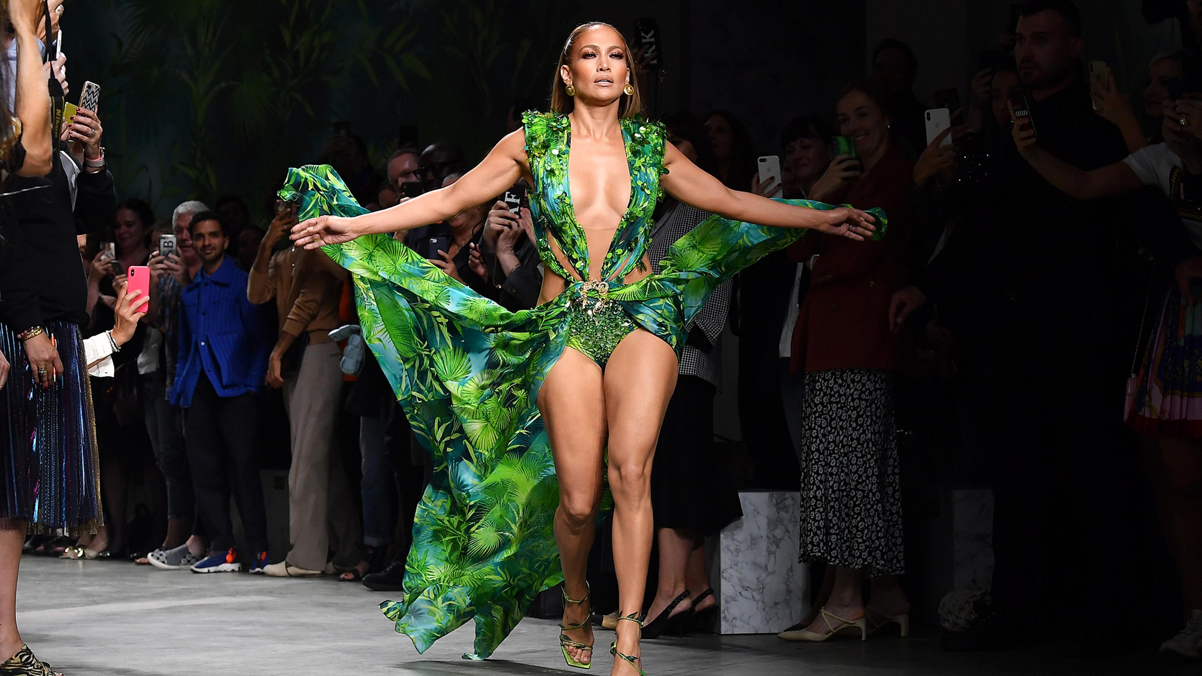green j lo dress Remember J.Lo's iconic from the 2000 Grammy's? She just wore an updated version Jennifer Lopez's Green Versace Dress