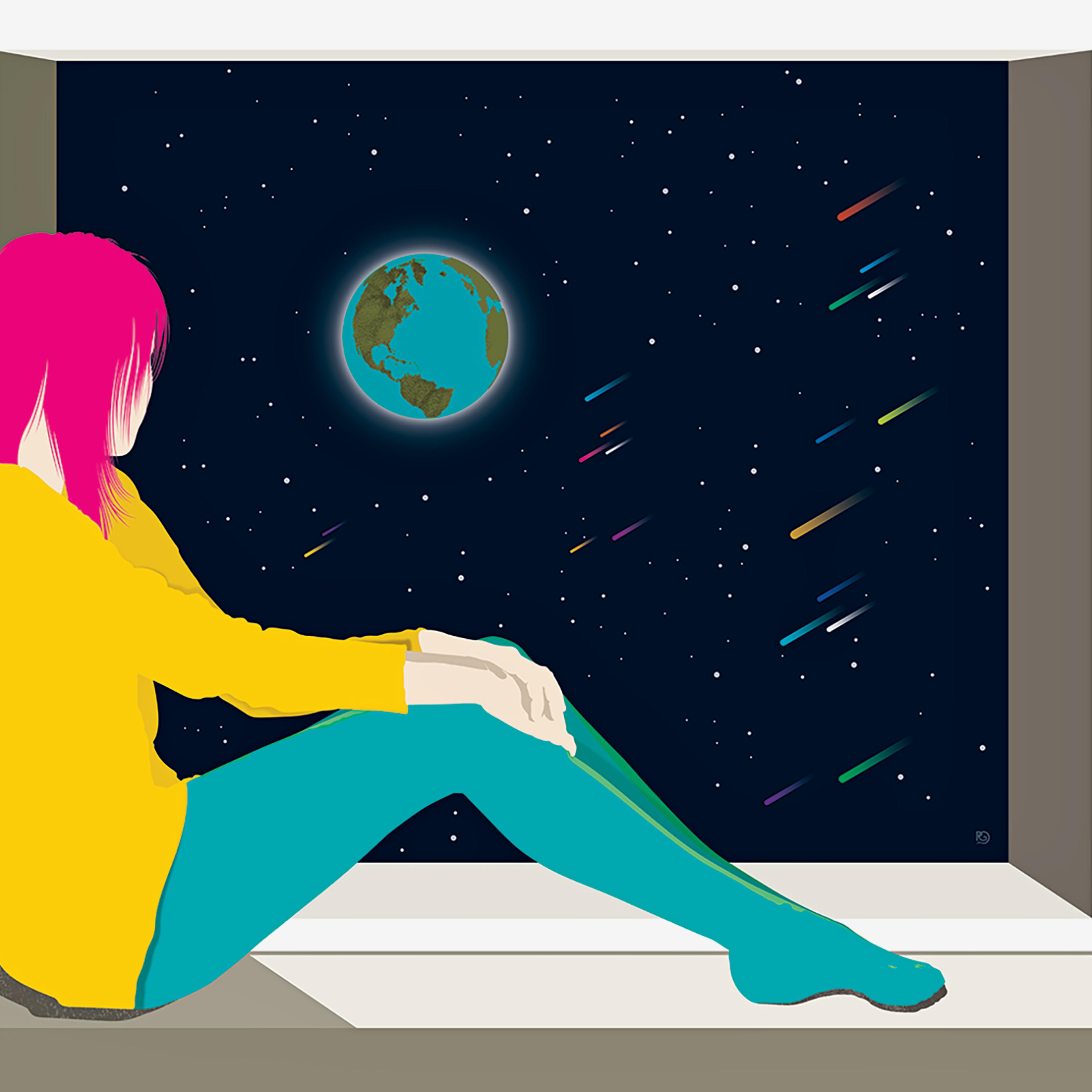 Girl staring out of a window in Isolation, gazing at the Earth in space.