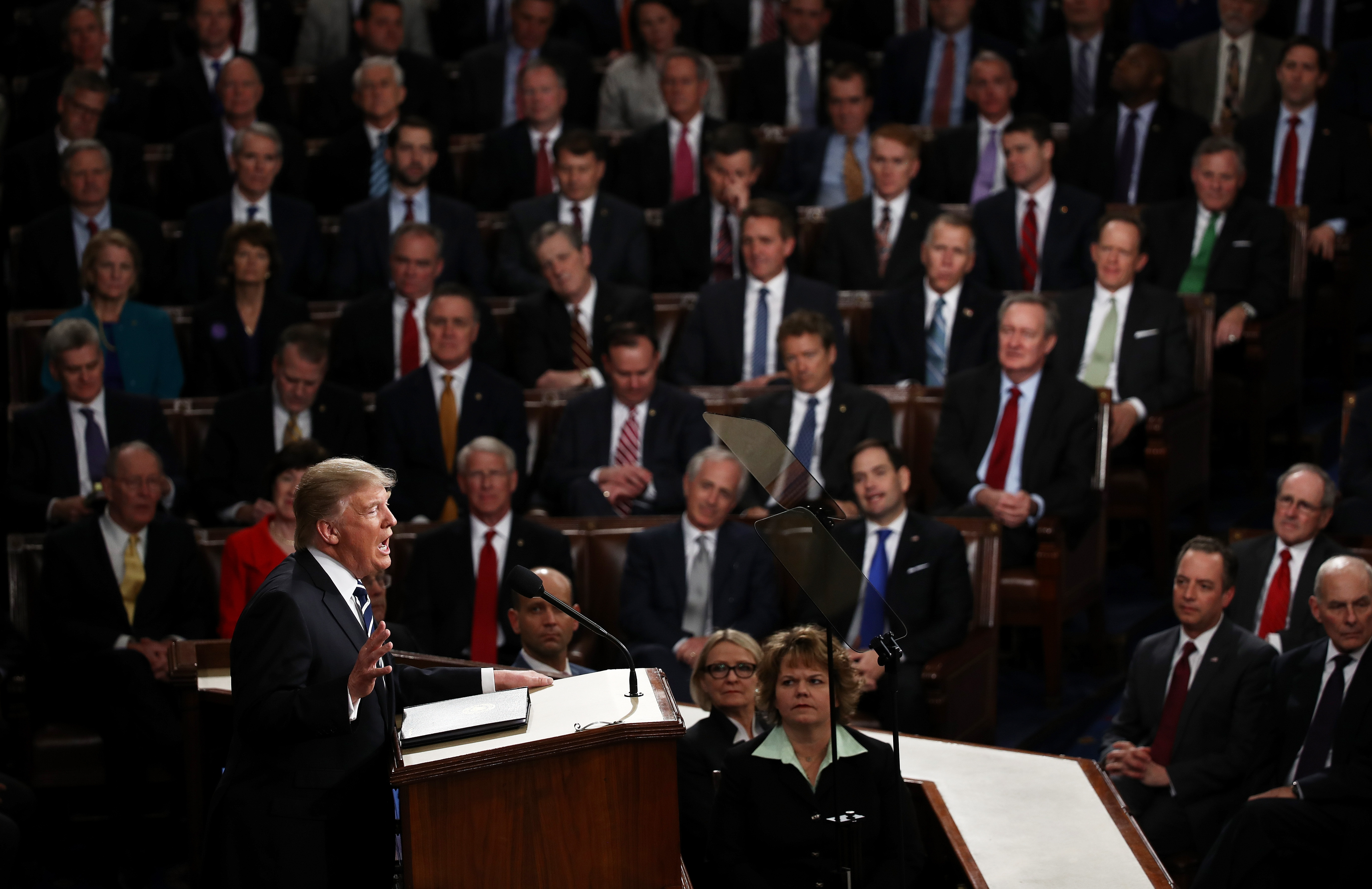 President Donald Trump arrives to addresses a joint session of the U.S. Congress on Feb. 28, 2017 in the House chamber of the U.S. Capitol in Washington.