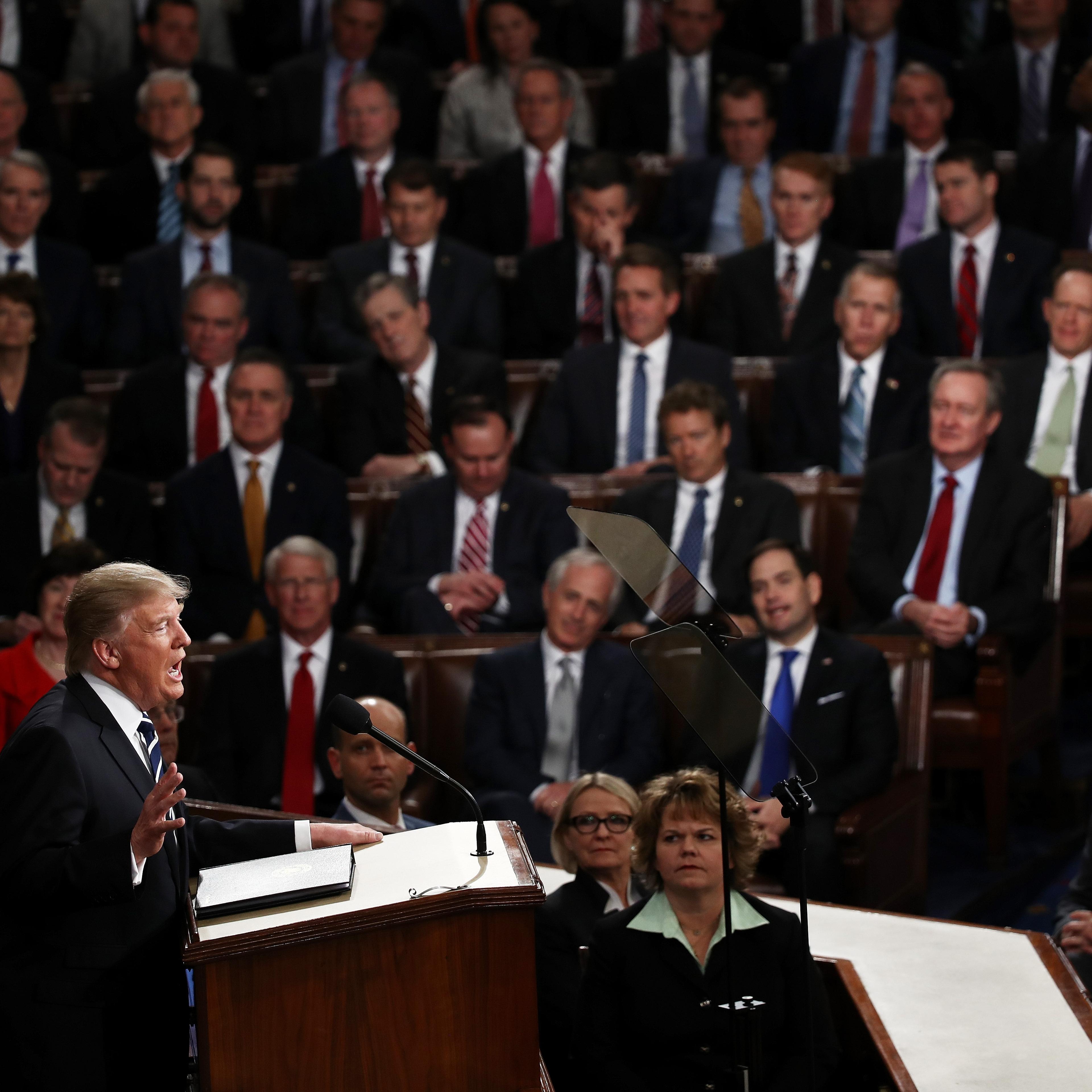President Donald Trump arrives to addresses a joint session of the U.S. Congress on Feb. 28, 2017 in the House chamber of the U.S. Capitol in Washington.