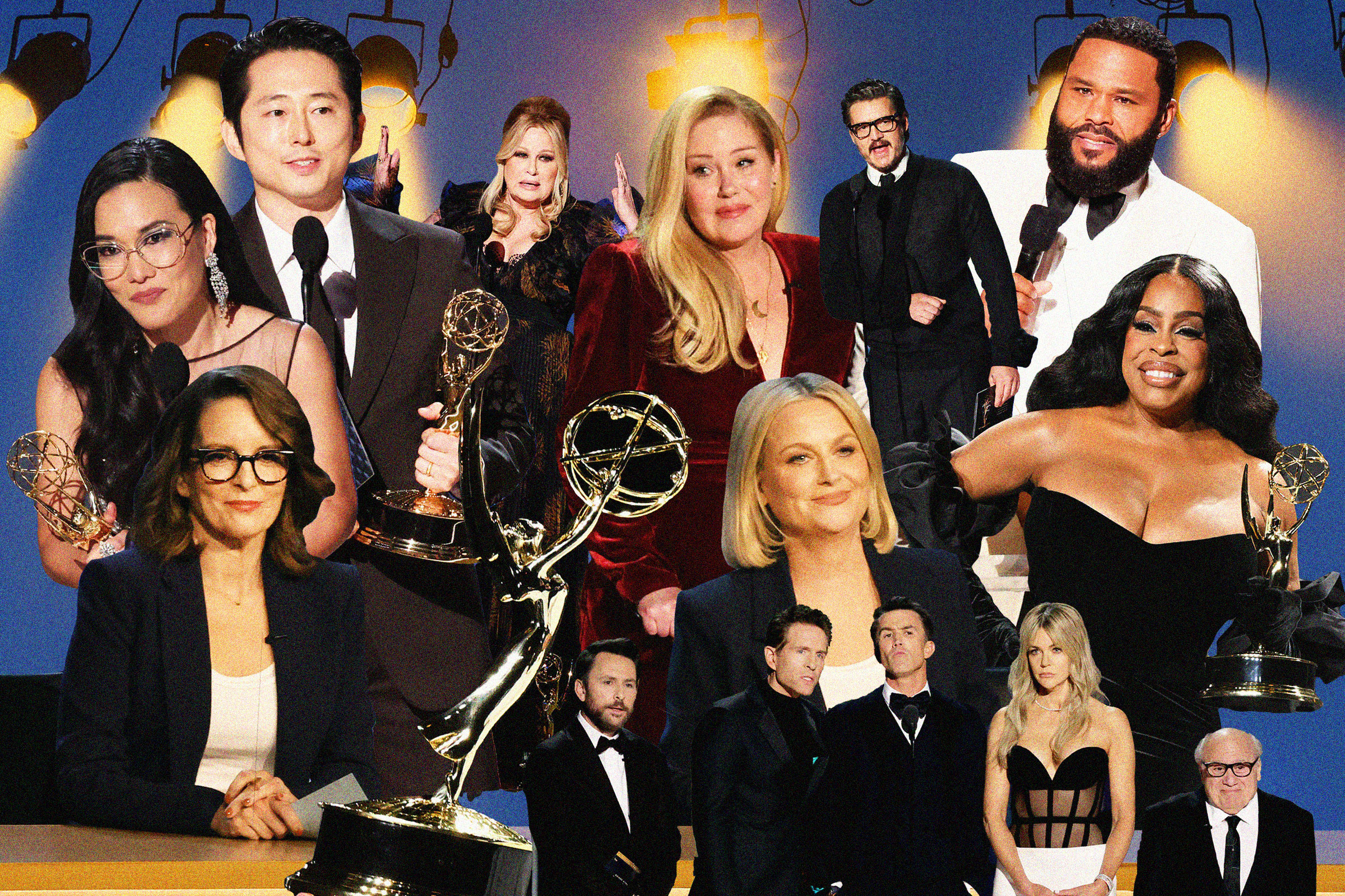 A collage of different acros and moments from the 75th annual Emmy awards