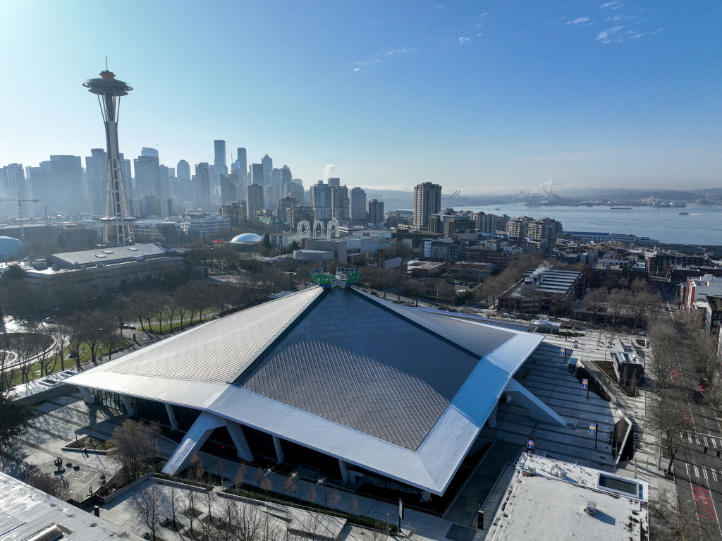 An aerial view of Climate Pledge Arena and the Space Needle on March 22, 2023 in Seattle, Washington.