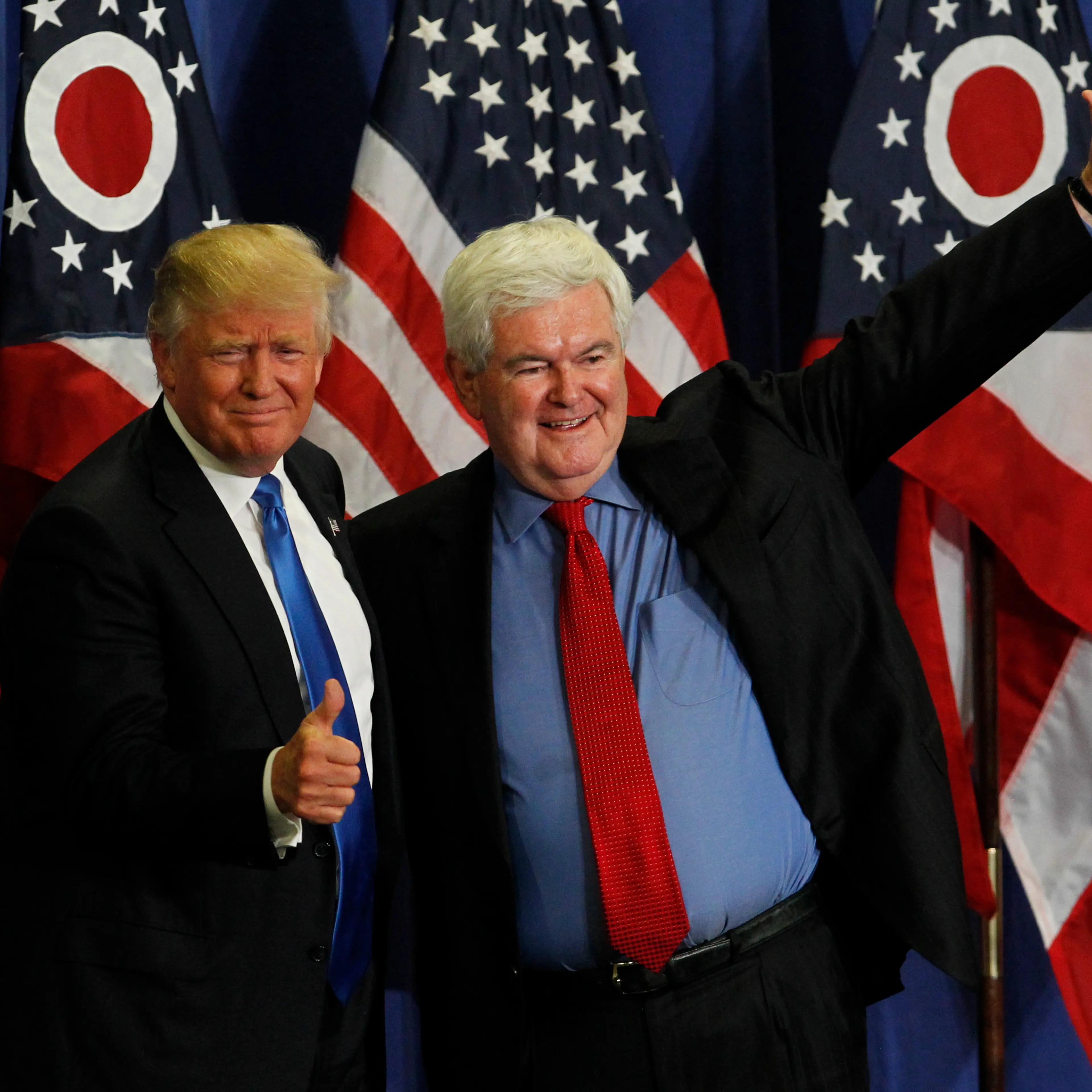 Former Speaker of the House Newt Gingrich (R) introduces Republican Presidential candidate Donald Trump during a rally at the Sharonville Convention Center in Cincinnati on July 6, 2016.