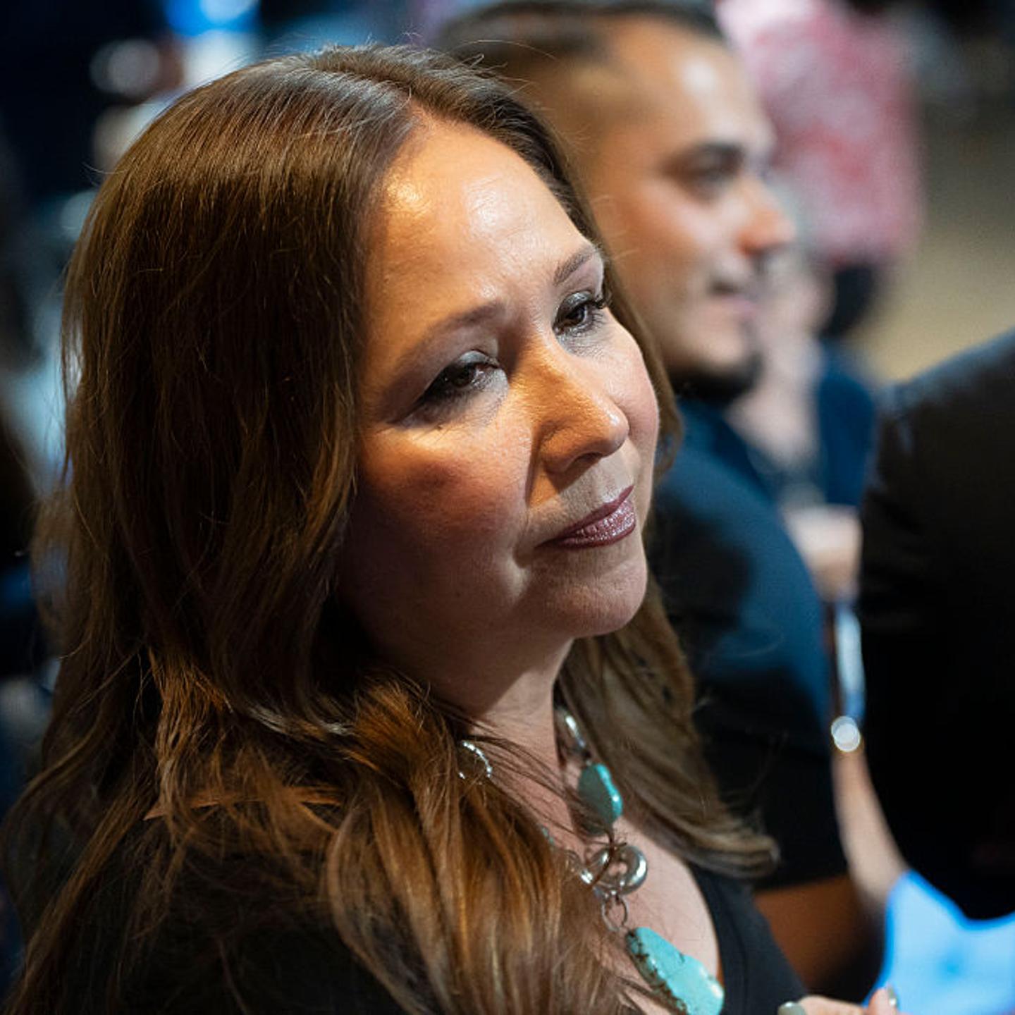 Democratic U.S. congressional candidate Adelita Grijalva speaks to the media during a primary election-night party at El Casino Ballroom in South Tucson, Ariz. on July 15, 2025.
