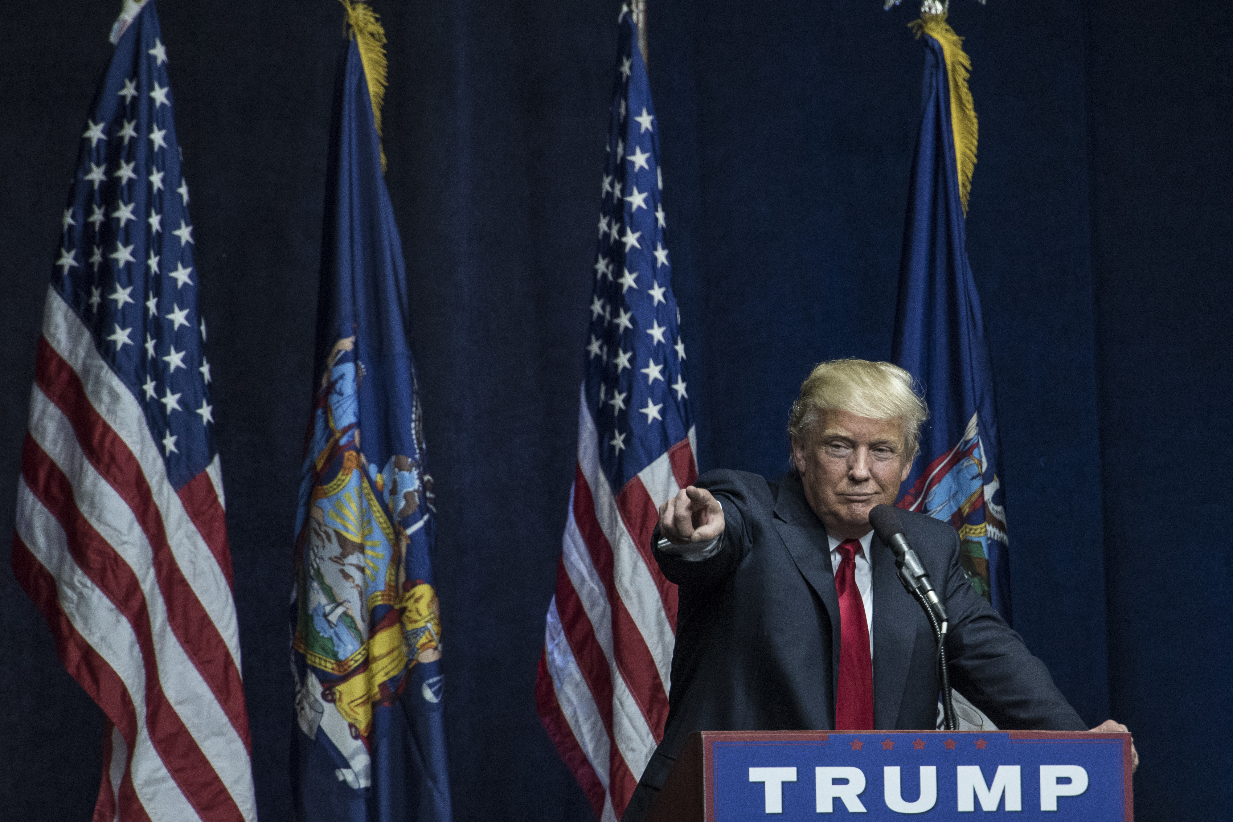 Republican Presidential Candidate Donald Trump speaks at a campaign rally in Bethpage, NY, on April 6, 2016.