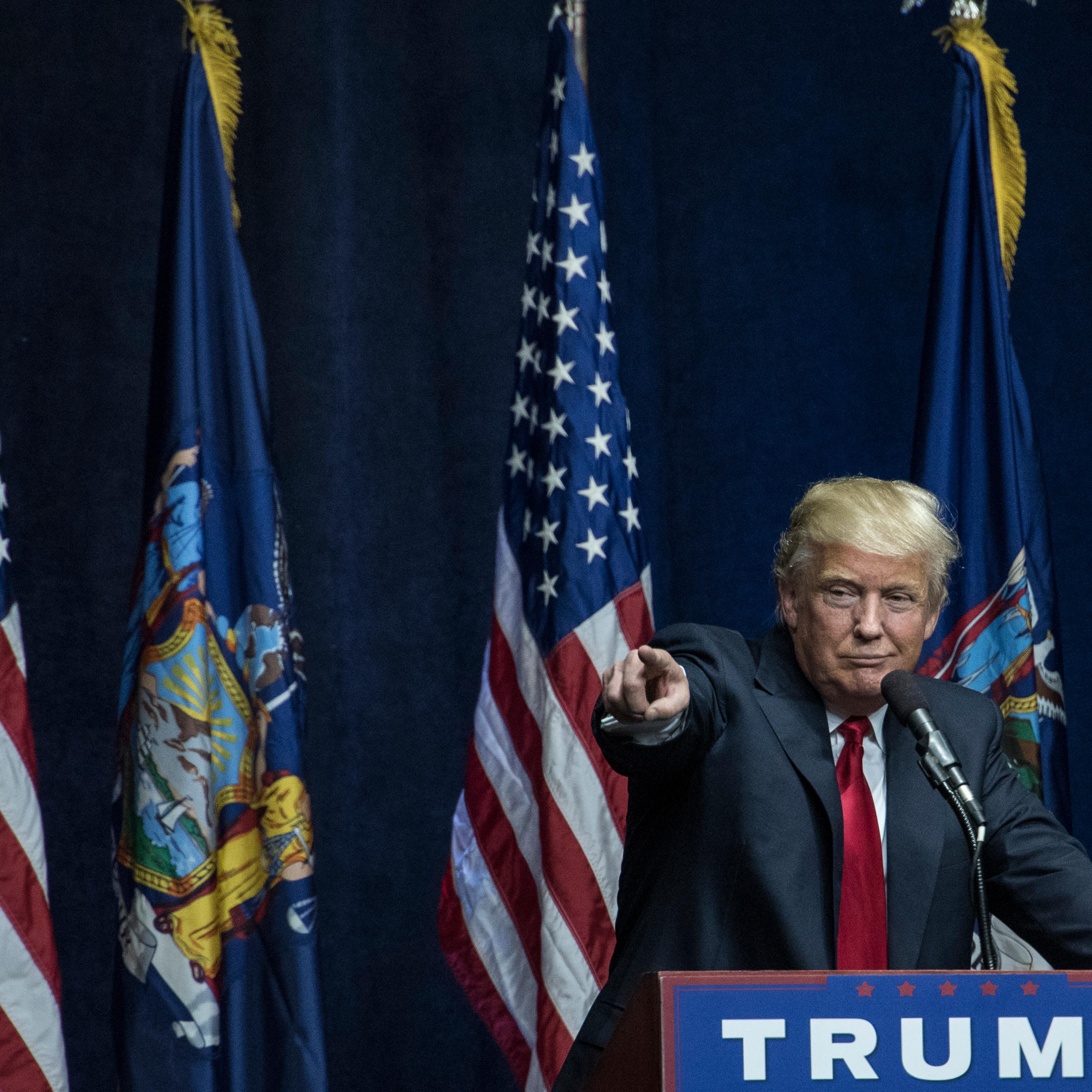 Republican Presidential Candidate Donald Trump speaks at a campaign rally in Bethpage, NY, on April 6, 2016.
