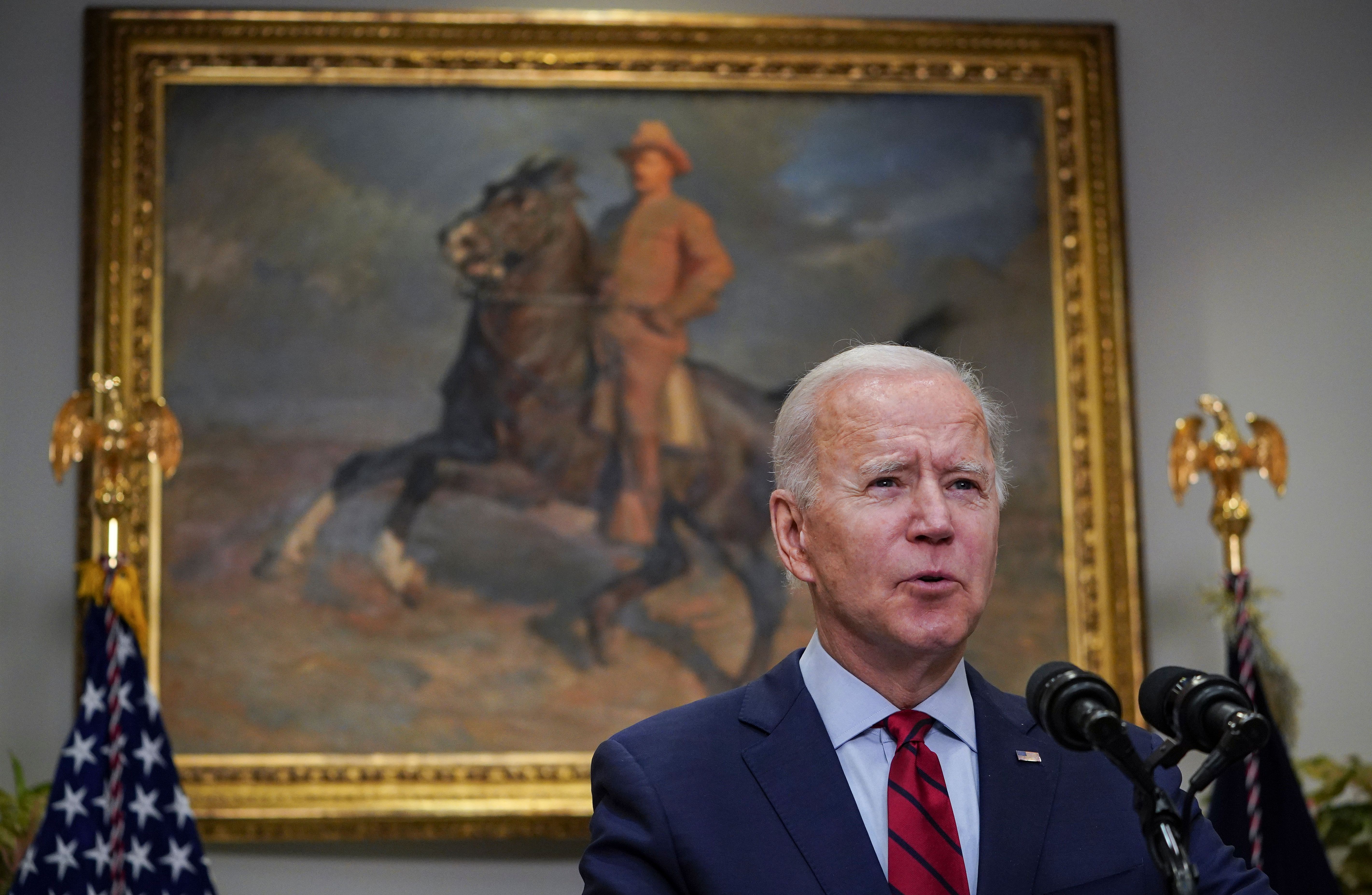 President Joe Biden speaks about the American Rescue Plan from the Roosevelt Room of the White House in Washington, DC, on Feb. 27.