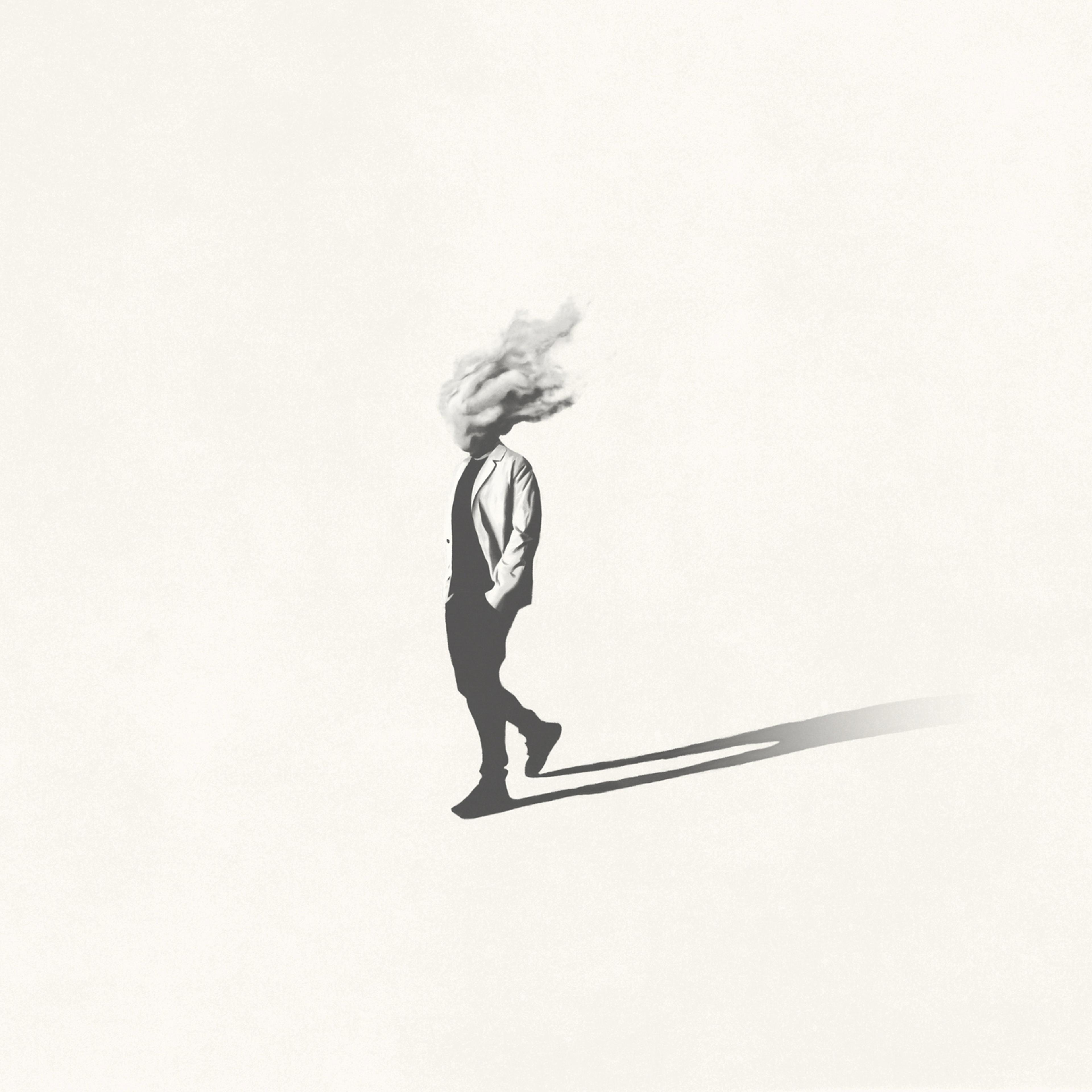 Illustration of black and white man with head in the cloud walking, surreal minimal concept