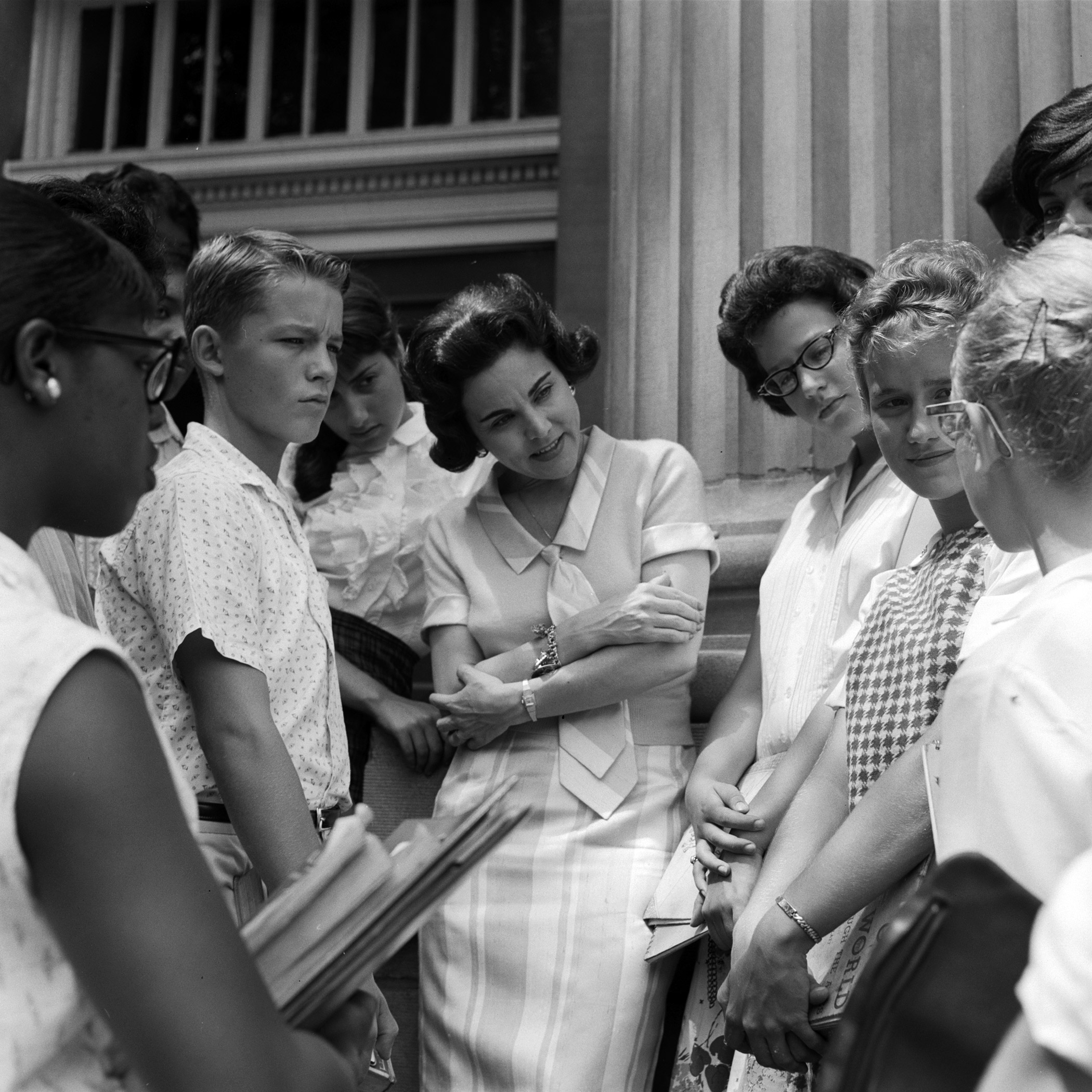 Counselor Landers listens closely to a group of Chicago's Hyde Park High School students.