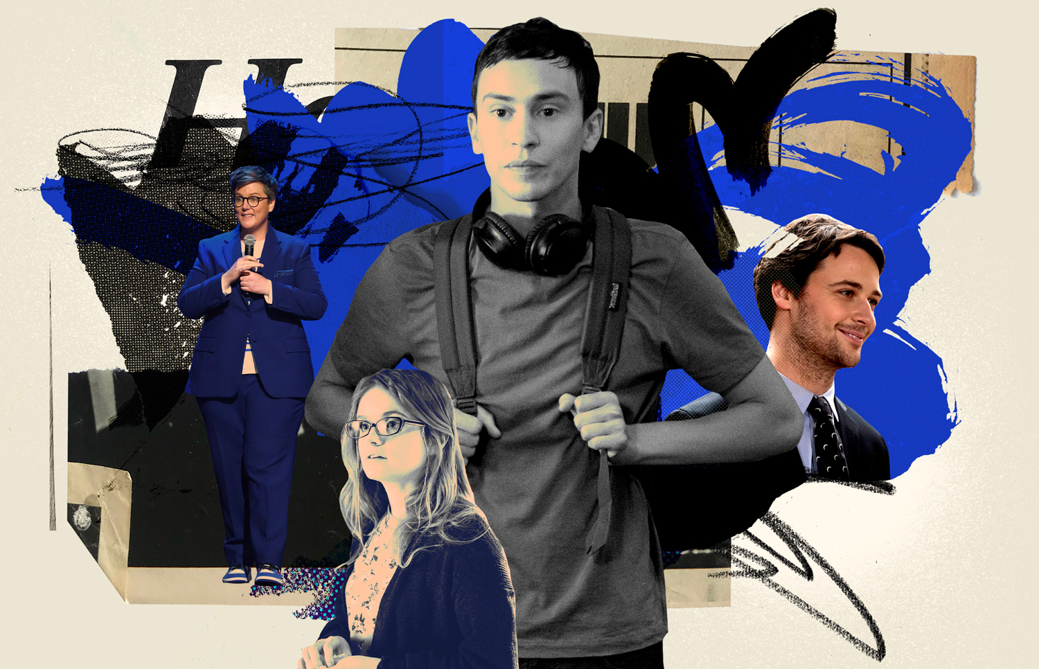 Clockwise from center: Keir Gilchrist in 'Atypical'; Buck Andrews in 'Special'; Kayla Cromer in 'Everything's Gonna Be Okay'; Hannah Gadsby in 'Douglas'