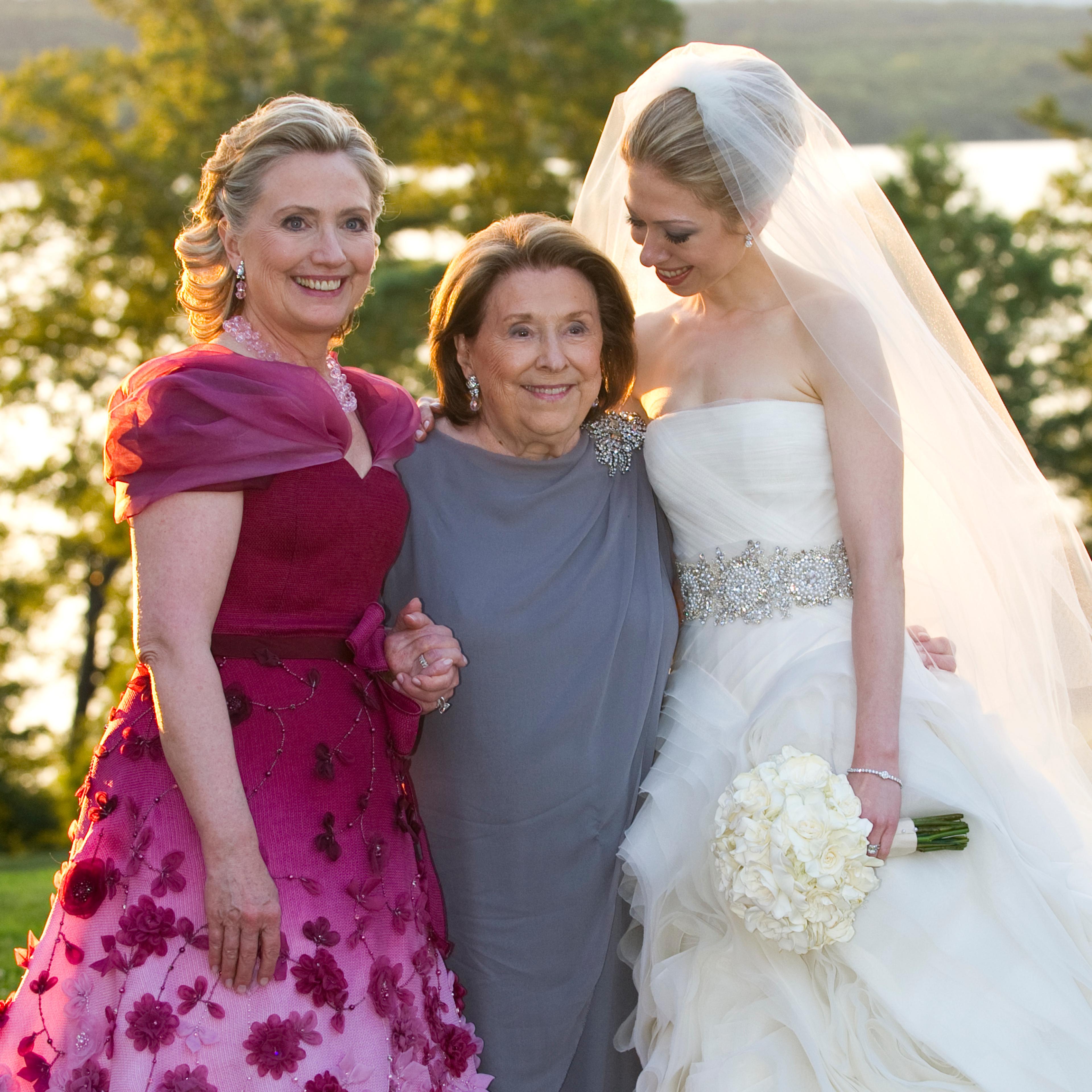 In this handout image provided by Barbara Kinney, (L-R) U.S. Secretary of State Hillary Clinton, her mother Dorothy Rodham and Chelsea Clinton pose during the wedding of Chelsea Clinton and Marc Mezvinsky at the Astor Courts Estate in Rhinebeck, N.Y., on