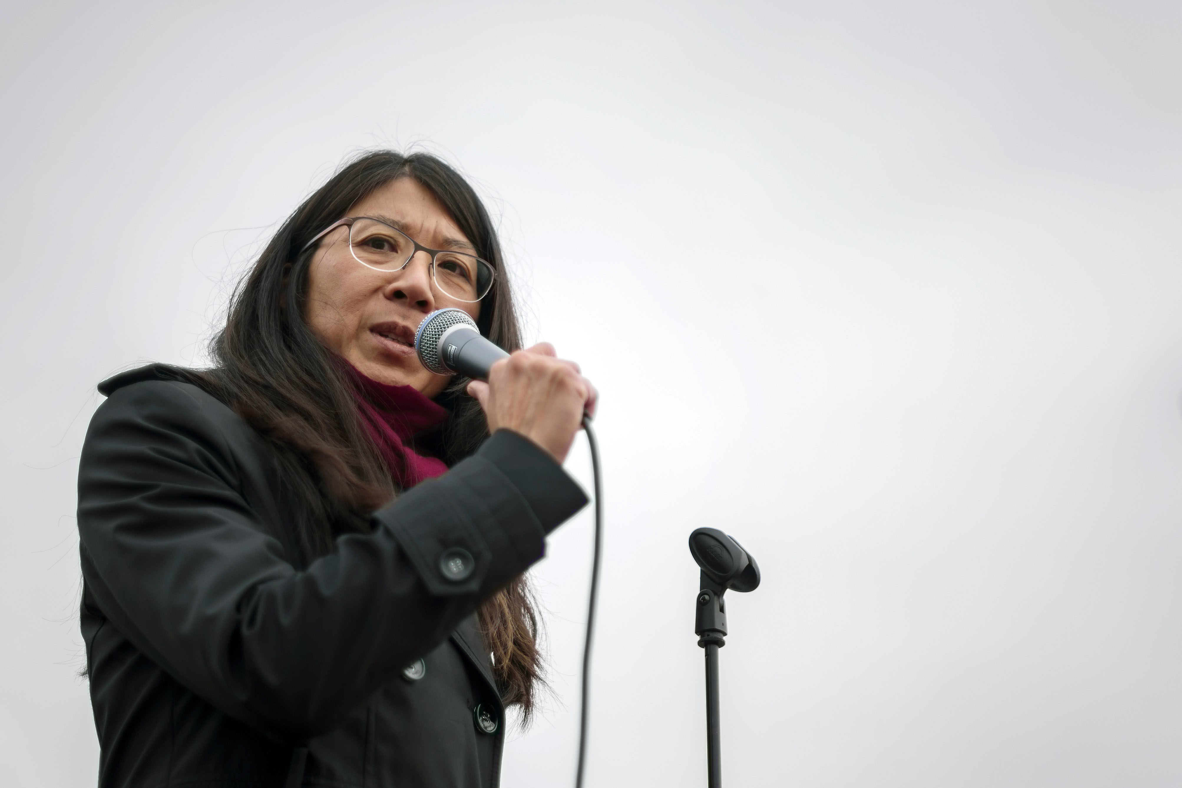 Doctors Without Borders, also known by its French name Medecins Sans Frontieres (MSF) International President Joanne Liu delivers a speech during a demonstration on November 3, 2015 in Geneva, following the bombing on October 3, 2015 by US forces of a ho