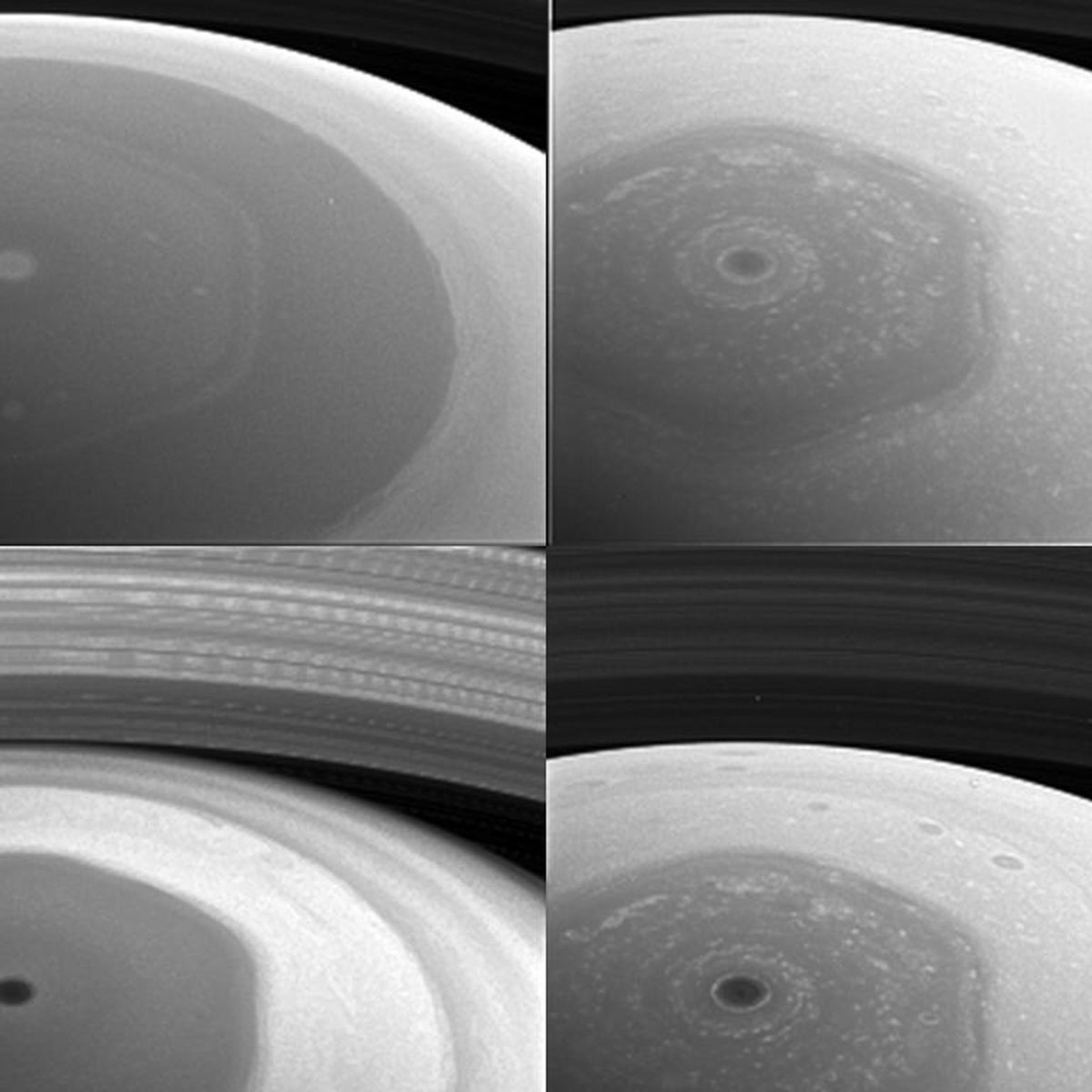 This collage of images from NASA's Cassini spacecraft shows Saturn's northern hemisphere and rings as viewed with four different spectral filters.