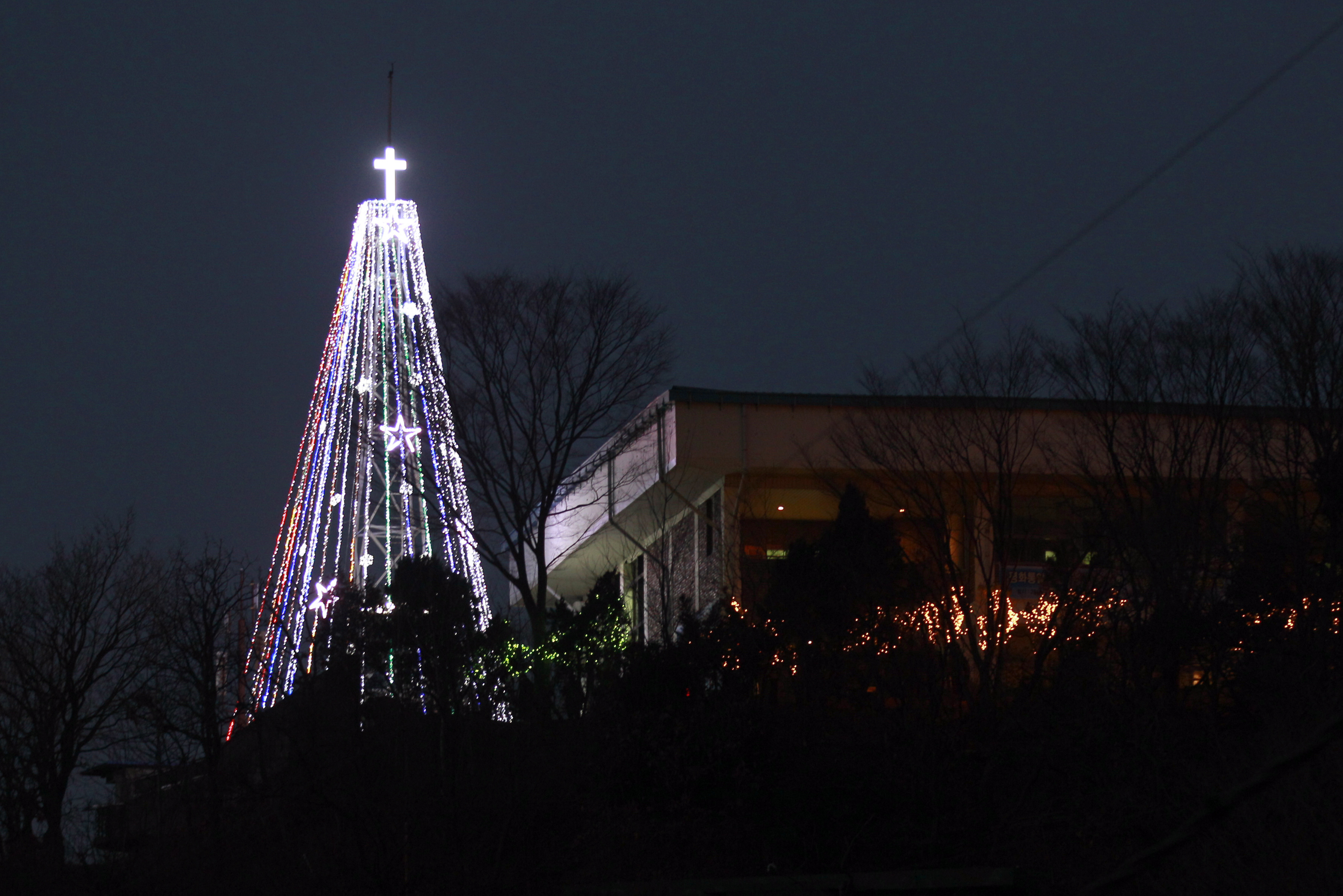 A giant steel Christmas tree lit up at the western mountain peak known as Aegibong in Gimpo, South Korea on Dec. 21, 2010.