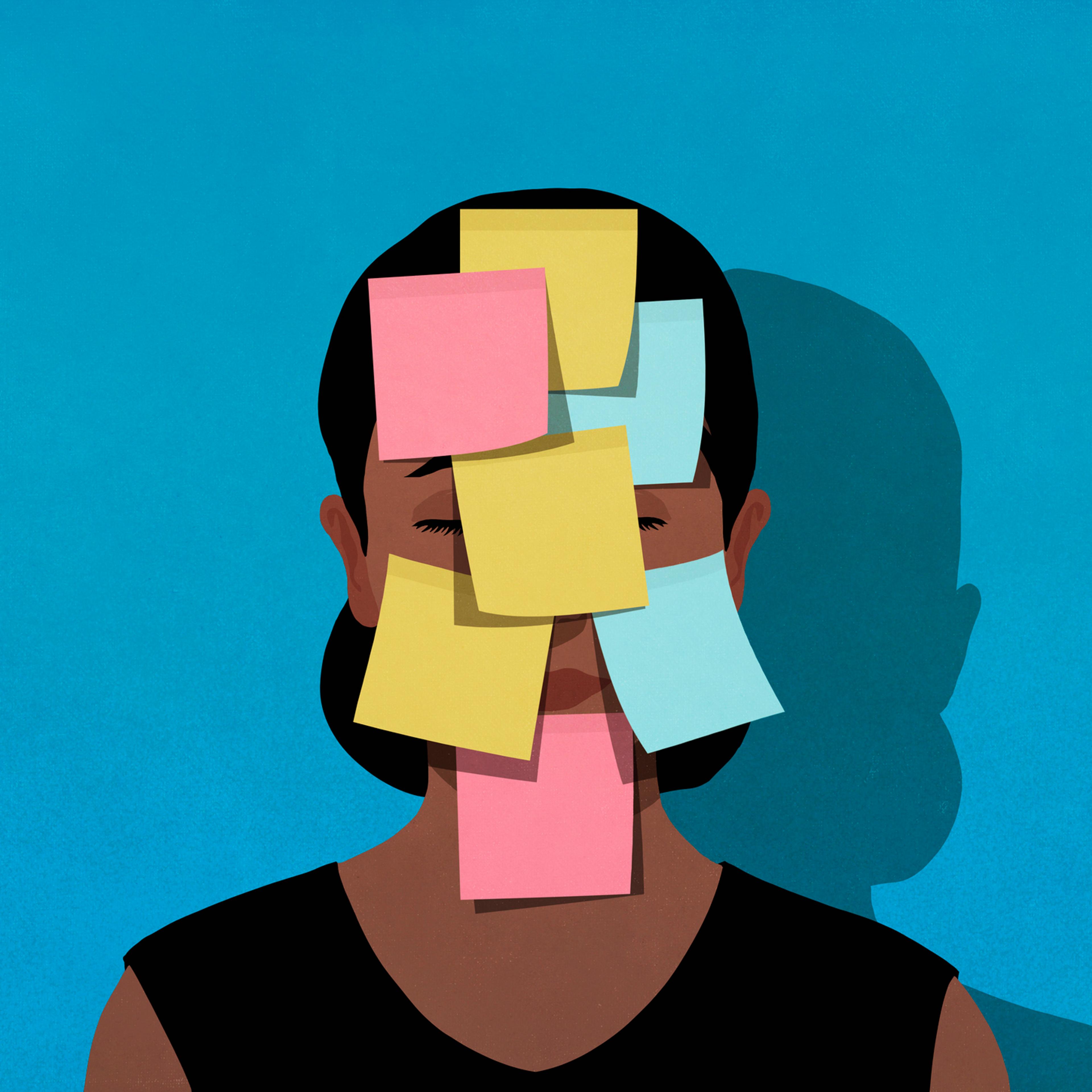 Adhesive notes covering face of exhausted woman