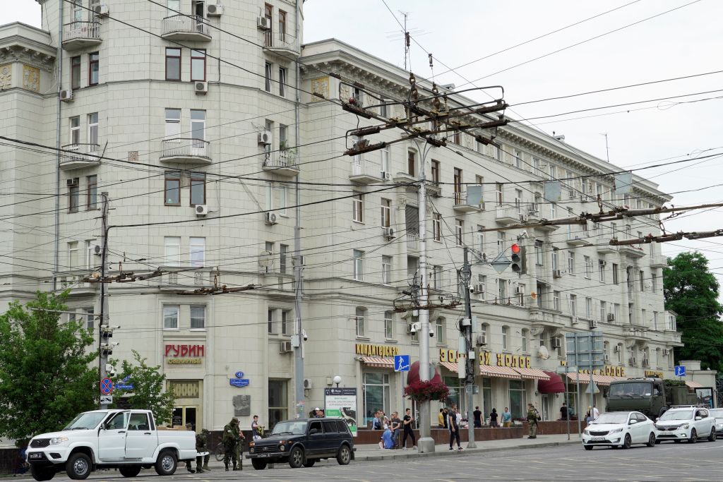 Members of Wagner group patrol the center of Rostov-on-Don, on June 24, 2023. President Vladimir Putin on June 24, 2023 said an armed mutiny by Wagner mercenaries was a "stab in the back" and that the group's chief Yevgeny Prigozhin had betrayed Russia, 